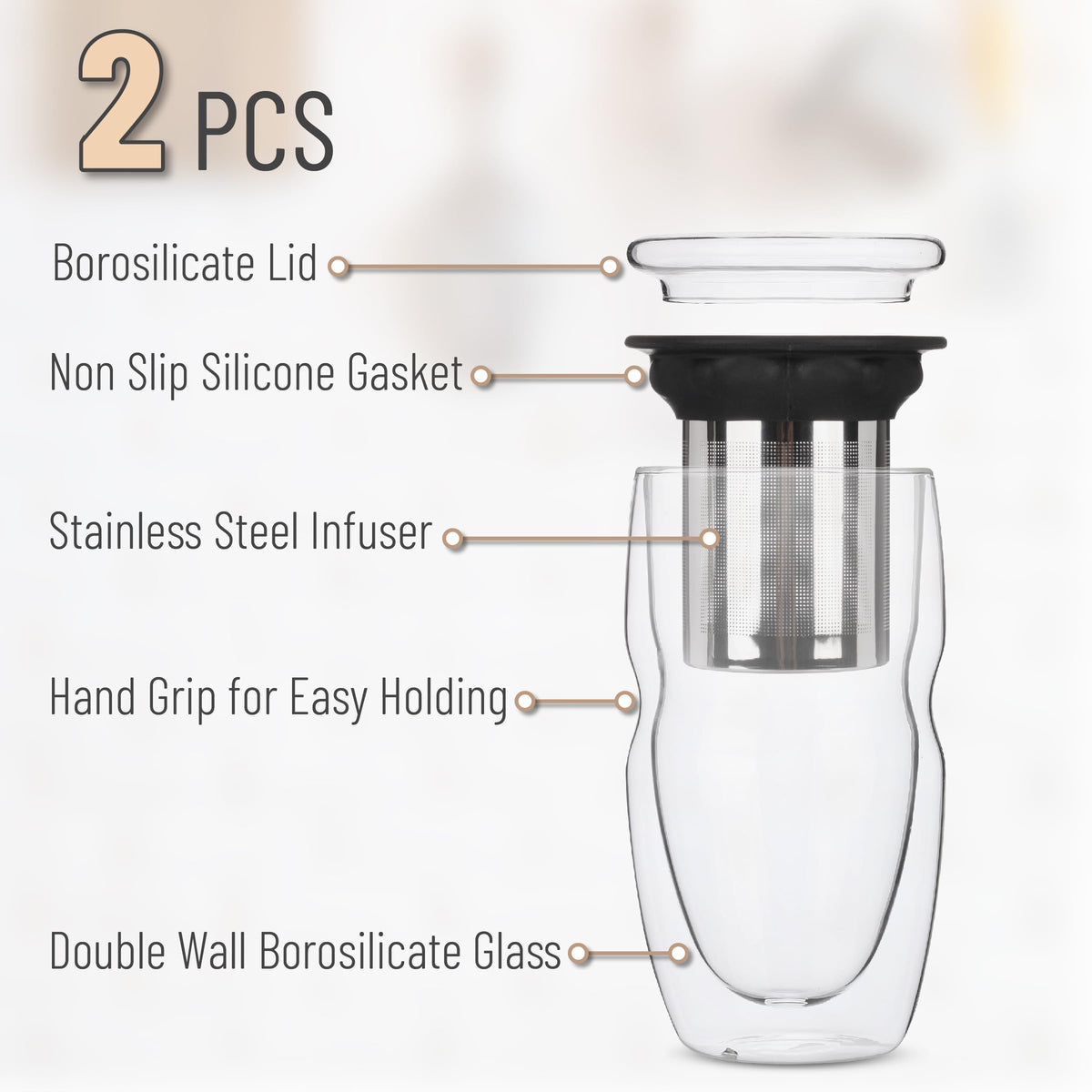 Double Wall Glass Tea Cup with Stainless Steel Infuser and Lid, 16 oz, 2 Pack T425