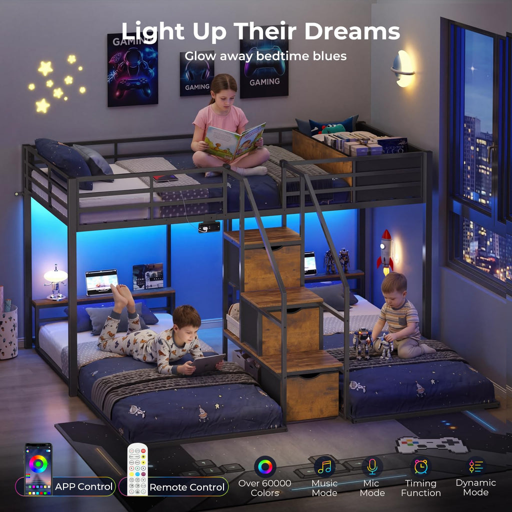Black Triple Bunk Bed Twin Over Twin with Storage Staircase R4828