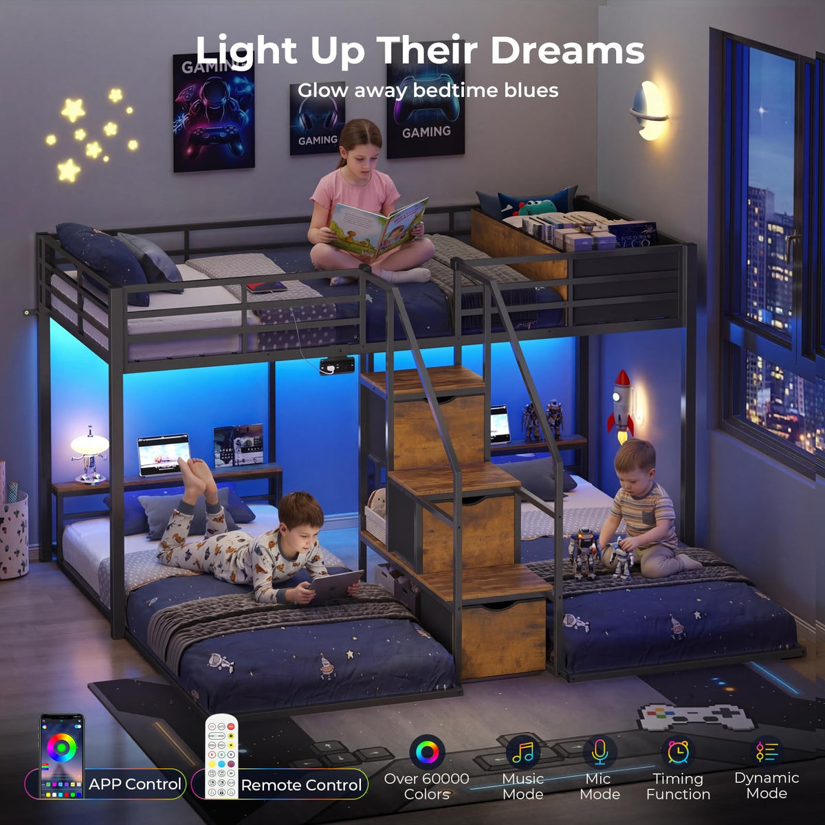 Black Triple Bunk Bed Twin Over Twin with Storage Staircase R4828