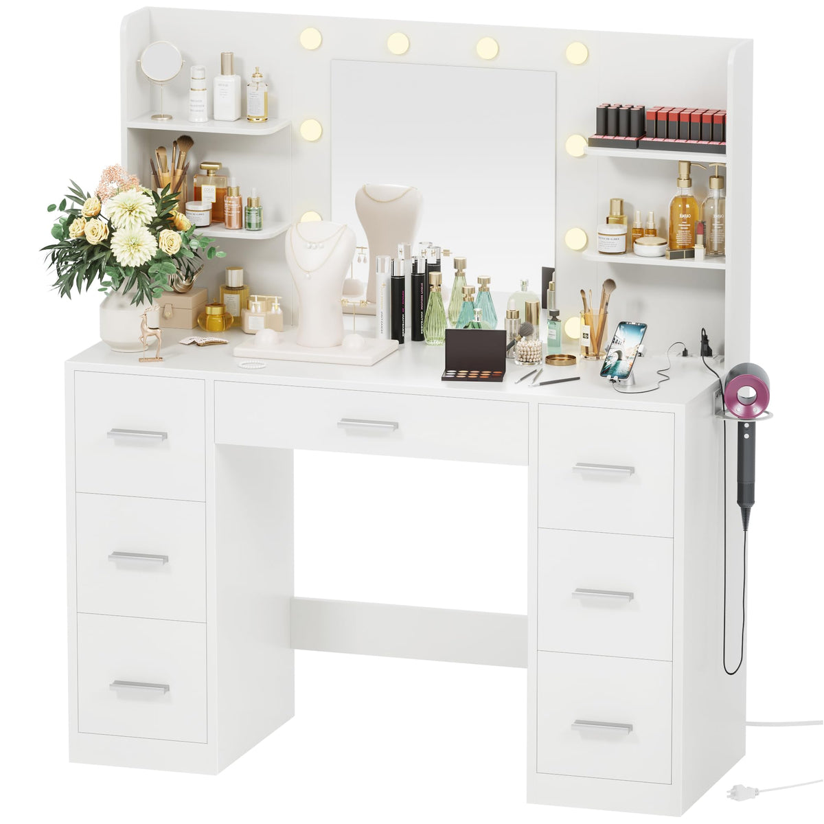 White Vanity Desk with Lighted Mirror and 7 Drawers K6489