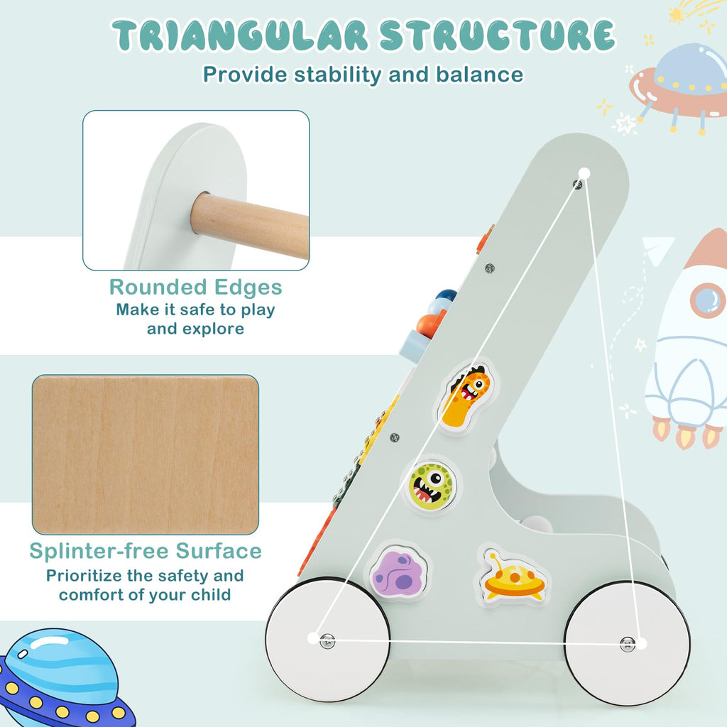 Wooden Baby Walker Push and Pull Learning Activity Center with Wheels Storage Green Q13215