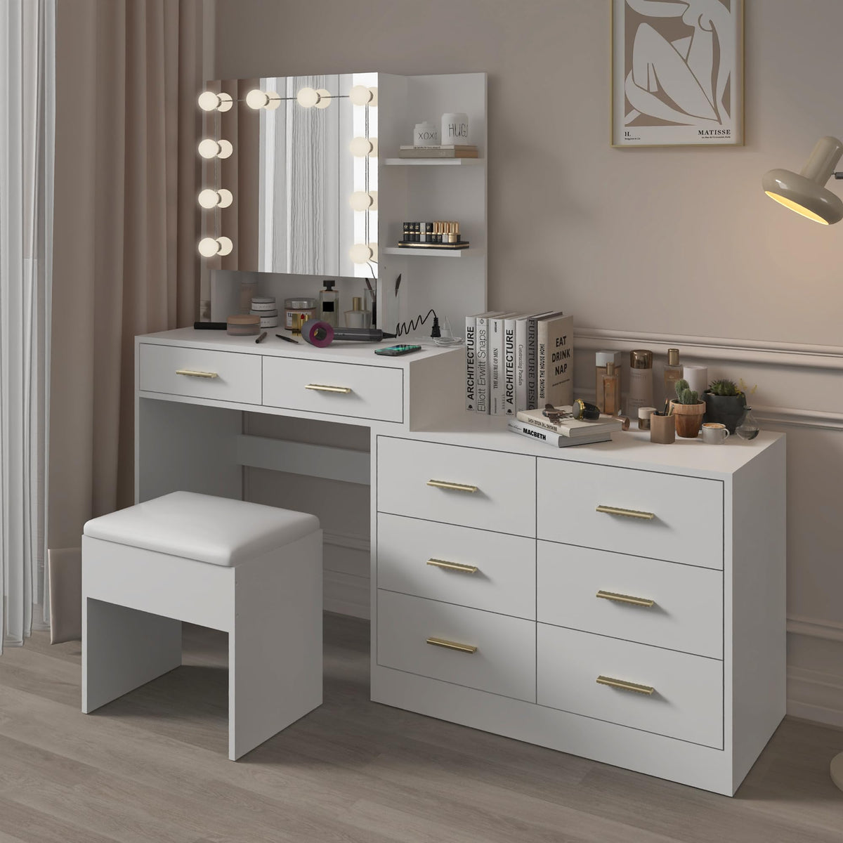 White Makeup Vanity Desk Set with 8 Drawers J45940