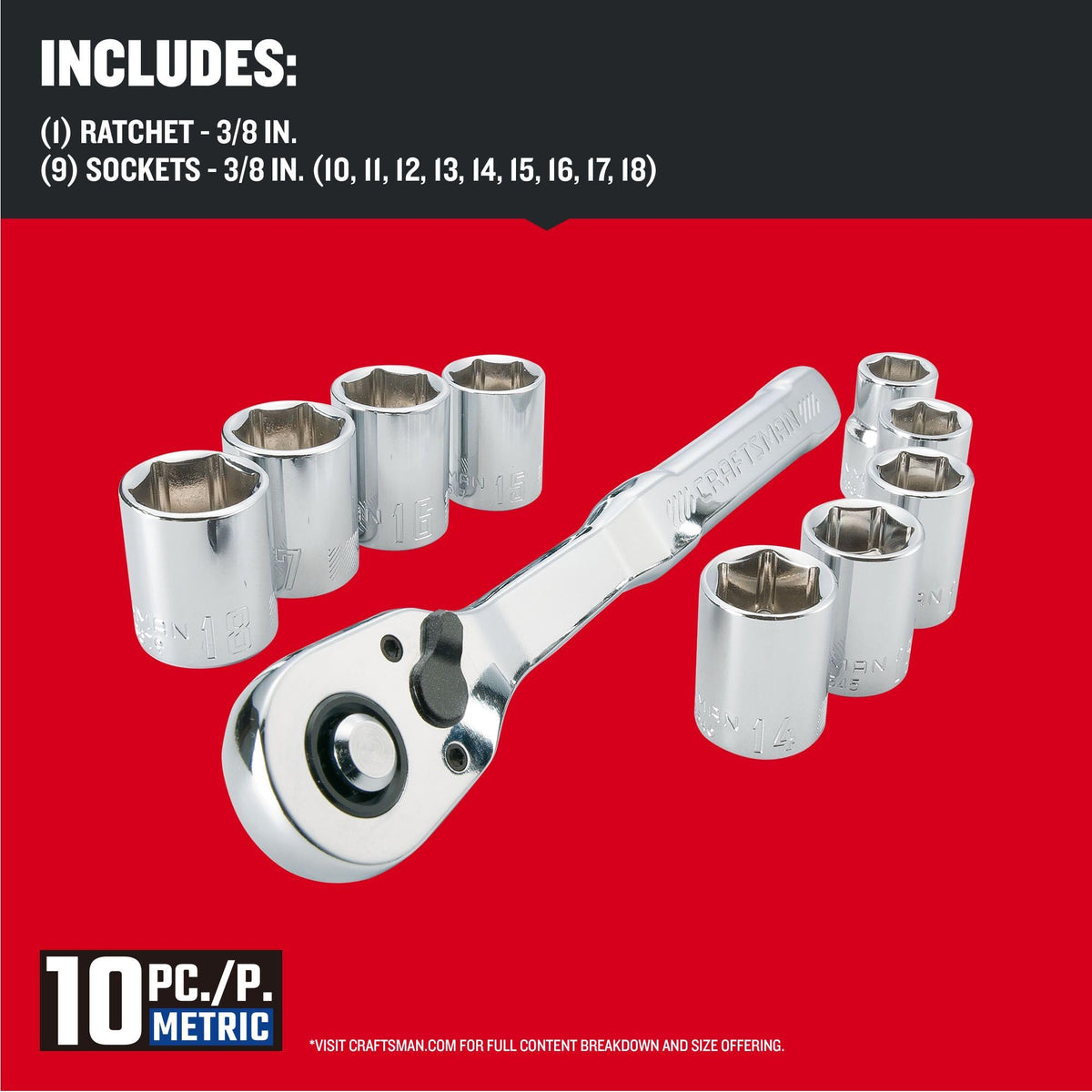 Mechanics Tool Set, Metric, 3/8 Inch Drive, 10 Piece Q545