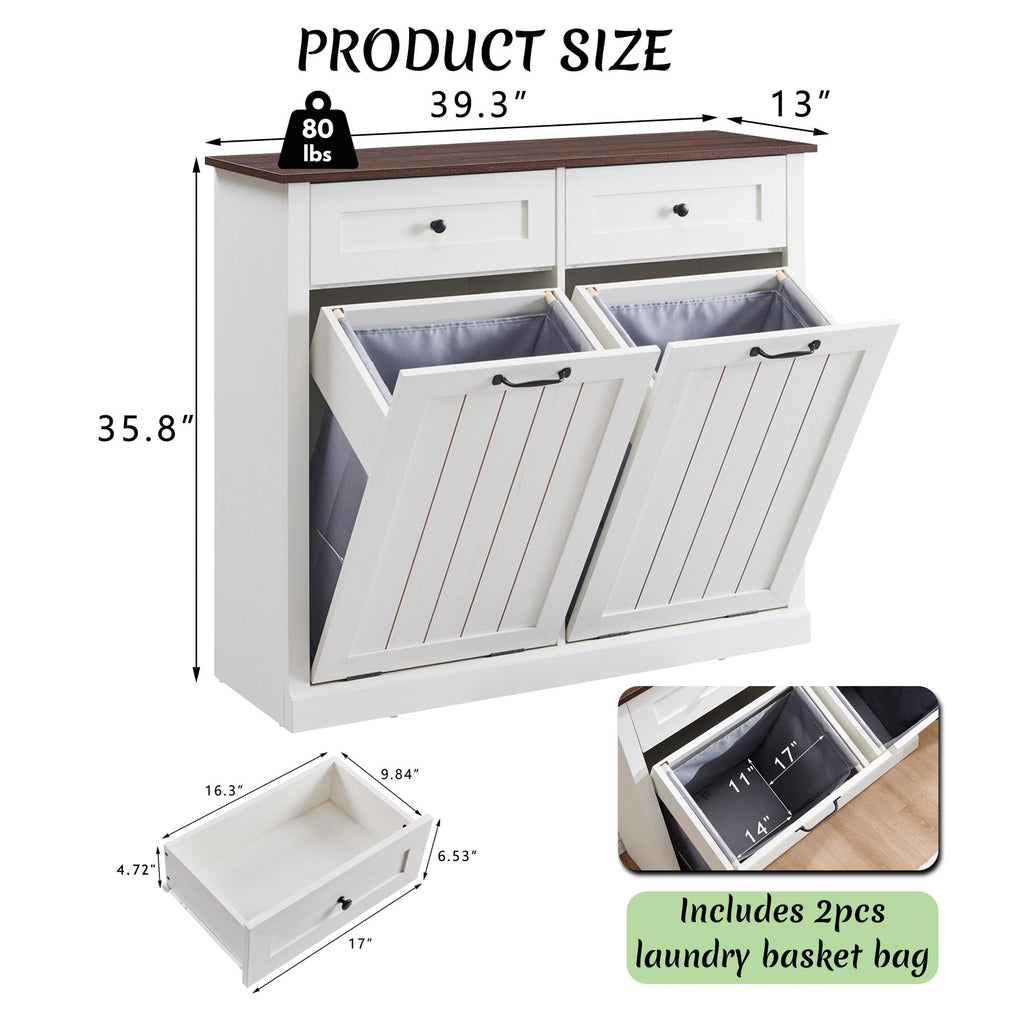 Double Tilt Out Laundry Hamper Cabinet Antique White Y6681