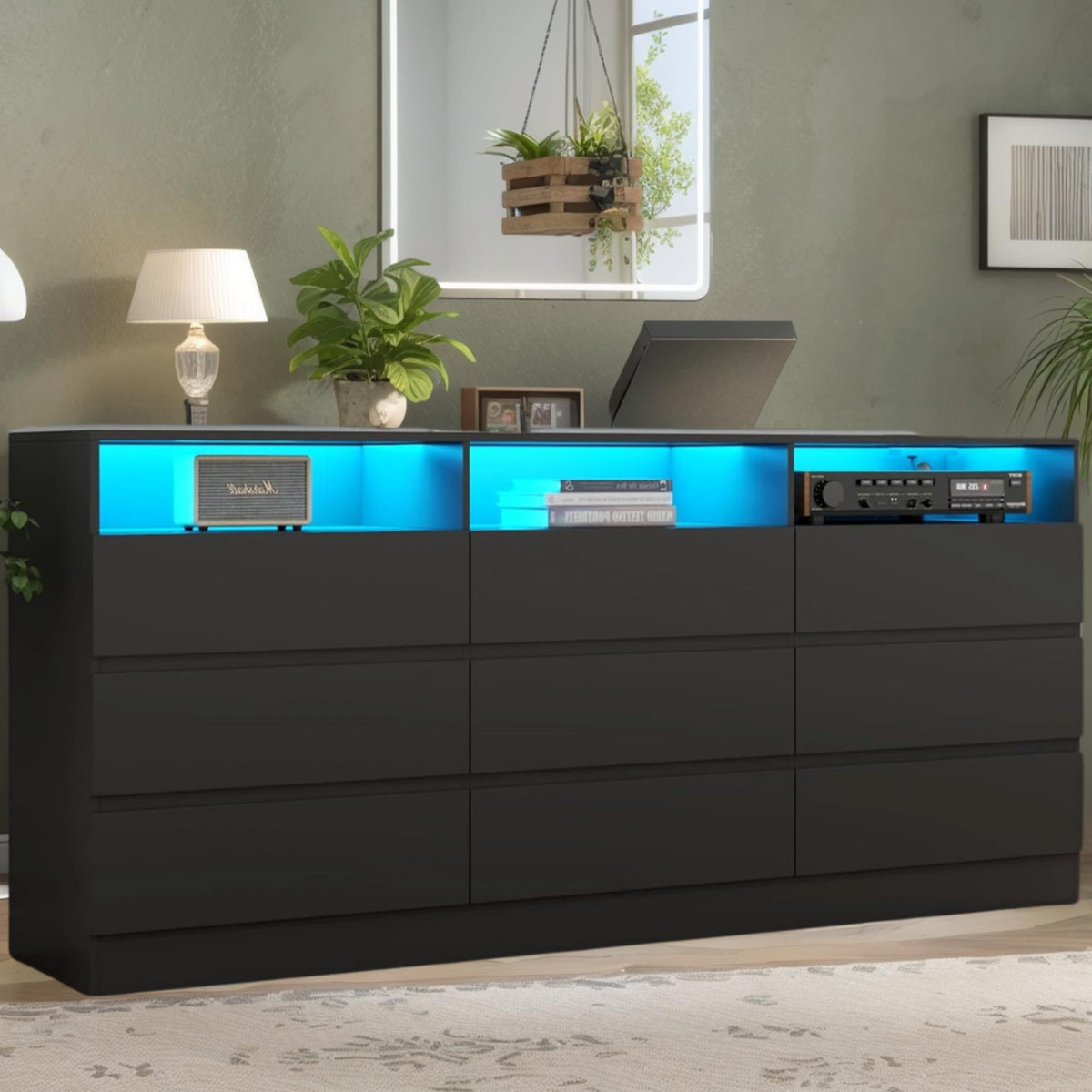Black 9 Drawer Dresser with LED Lights & Power Outlet V3800