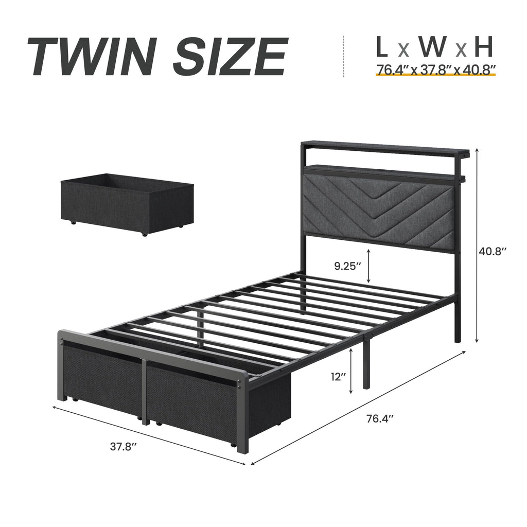 Grey Twin Bed Frame with Charging Station, LED Lights & 2 Storage Drawers U7837