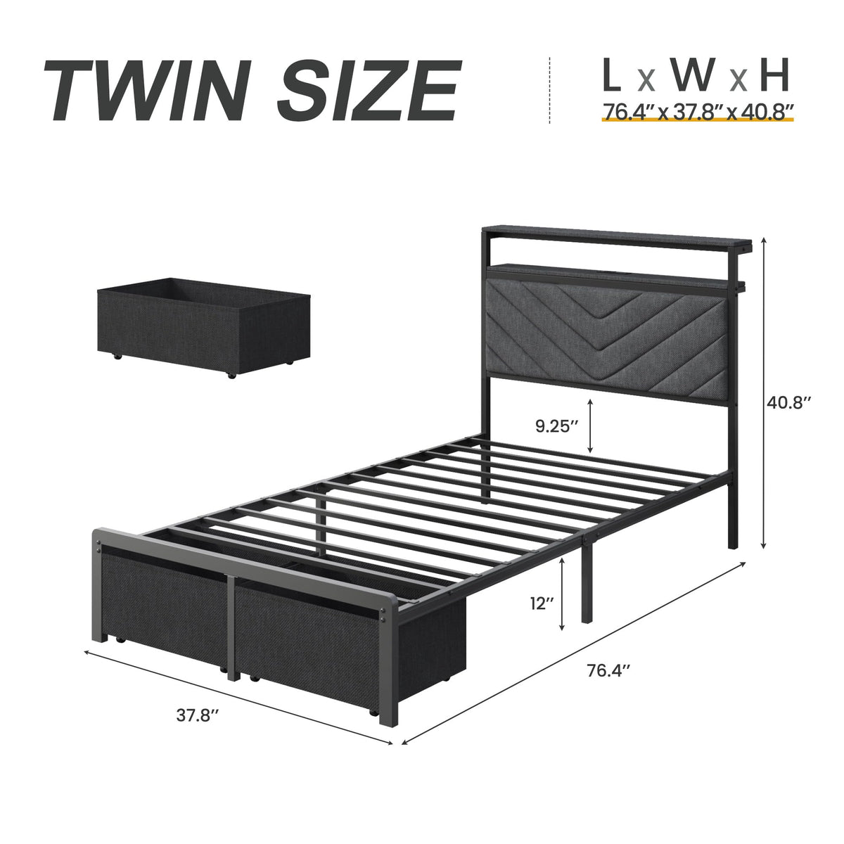 Grey Twin Bed Frame with Charging Station, LED Lights & 2 Storage Drawers U7837