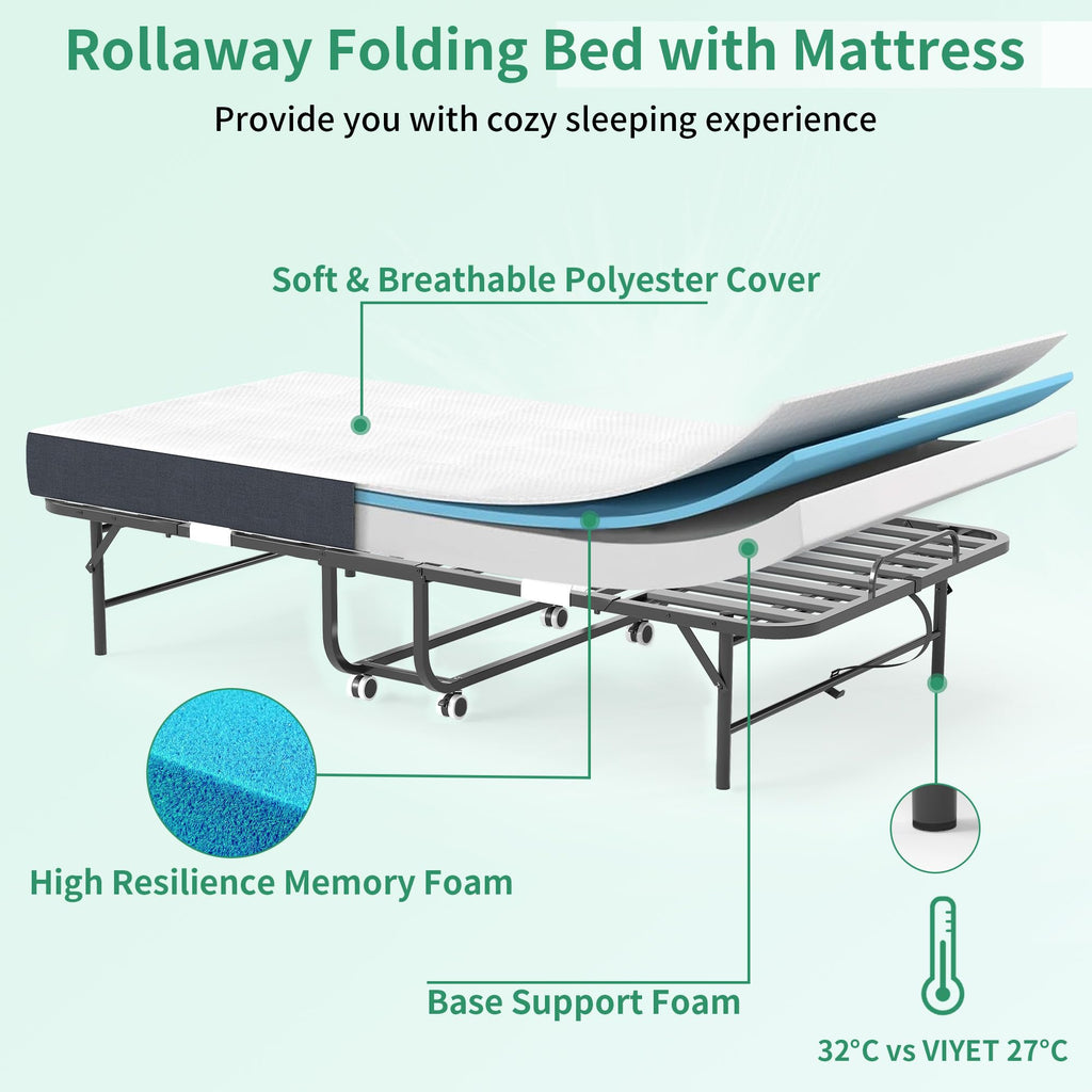 Folding Bed with Mattress, 5-Inch Memory Foam, 500lbs Capacity, Metal Frame X78406