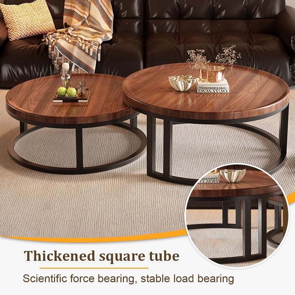 Round Nesting Coffee Tables 2-Piece Set Wood Top Metal Frame R9139