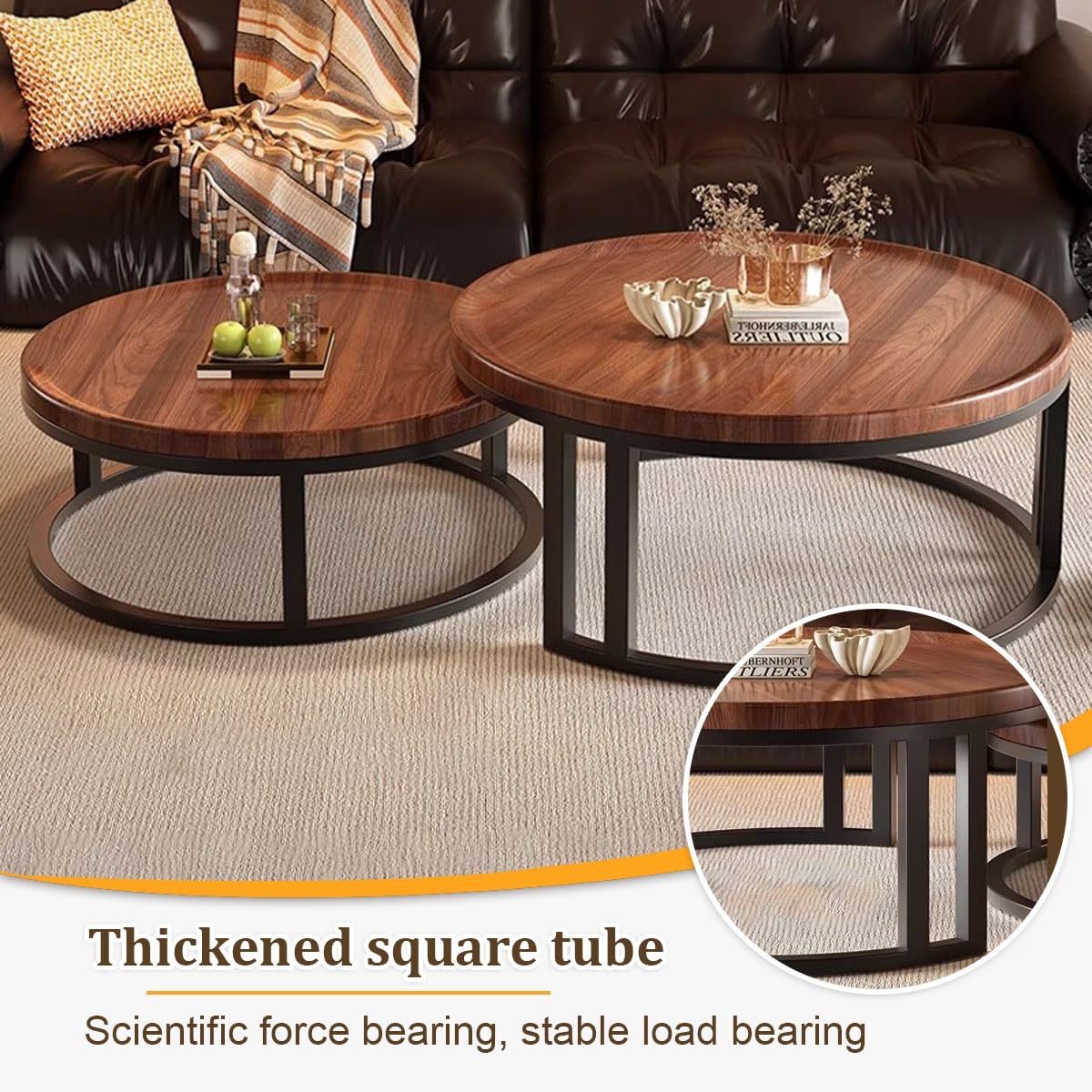 Round Nesting Coffee Tables 2-Piece Set Wood Top Metal Frame R9139