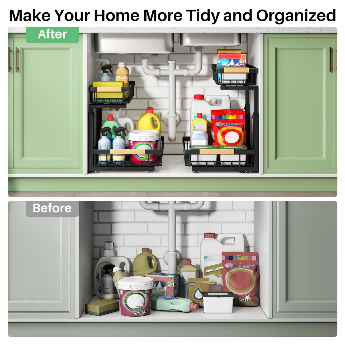 2 Tier Black Metal Under Sink Organizer, 2 Pack R42608