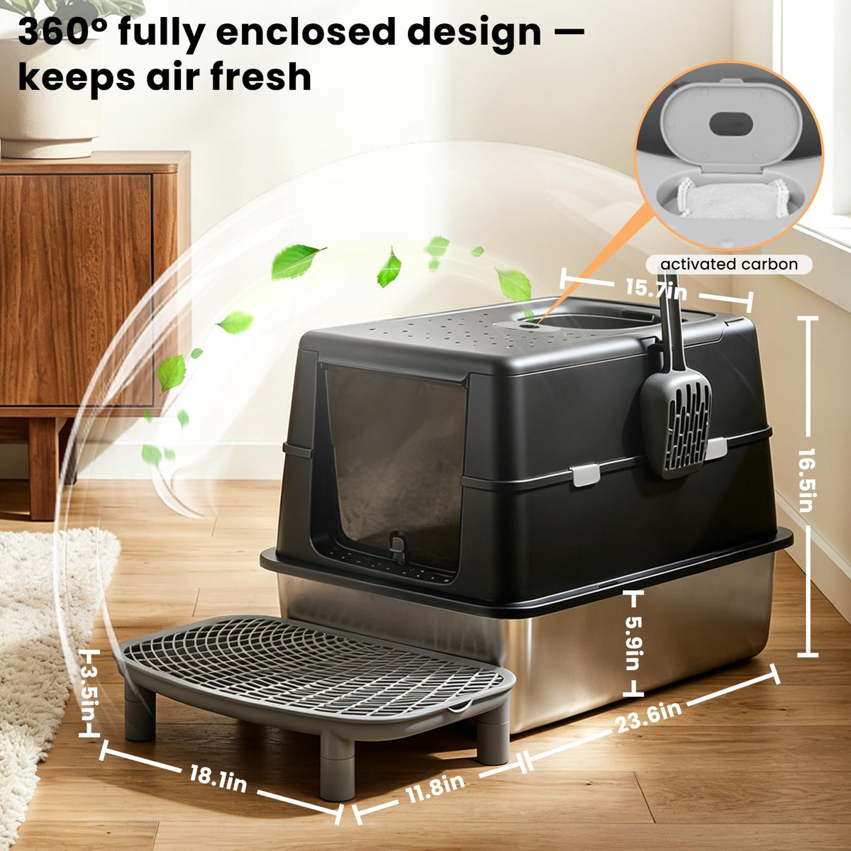 Extra Large Stainless Steel Enclosed Cat Litter Box with Lid and Scoop Z437393