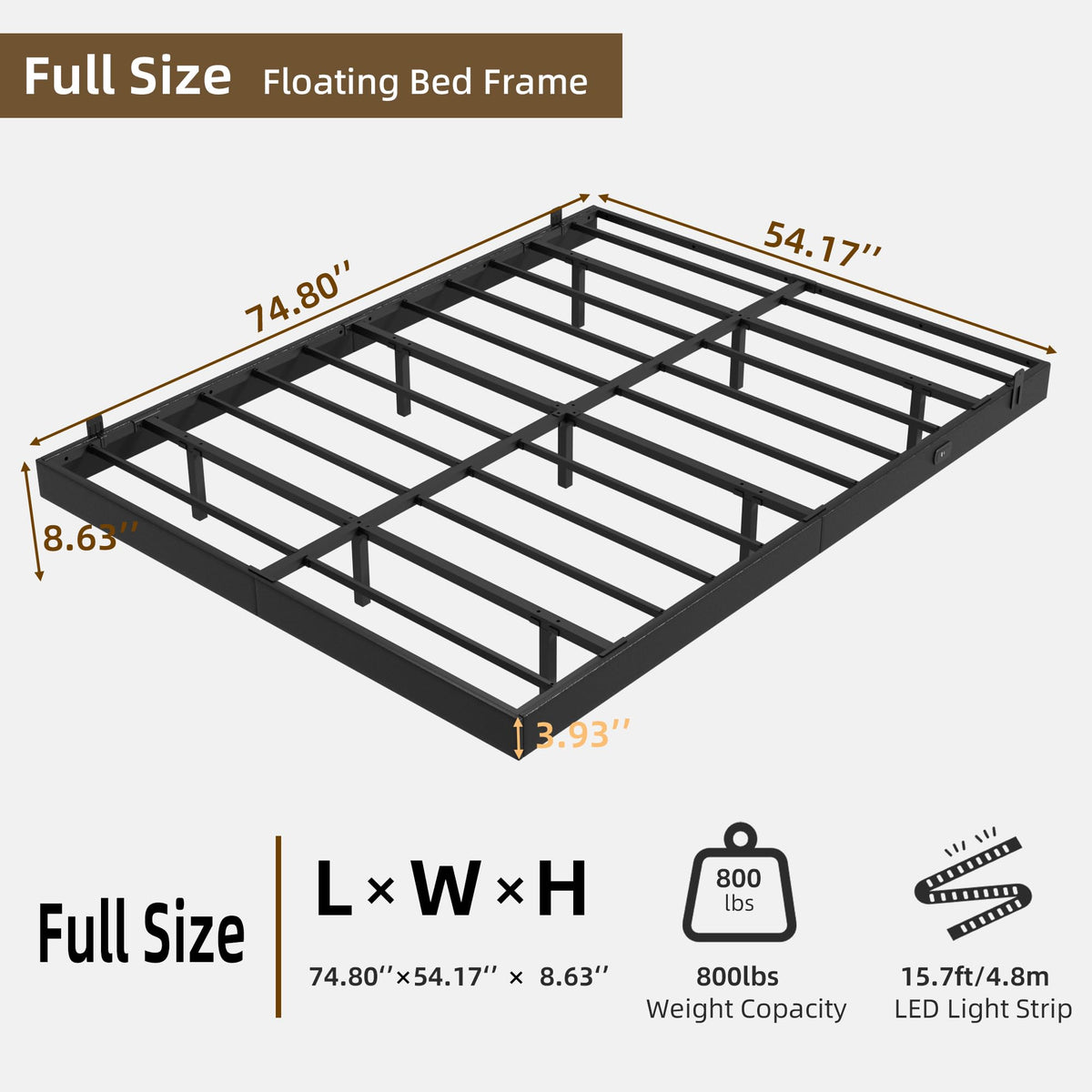 Black Floating Upholstered Platform Bed Frame Full Size with LED Lights and Charging Station R121