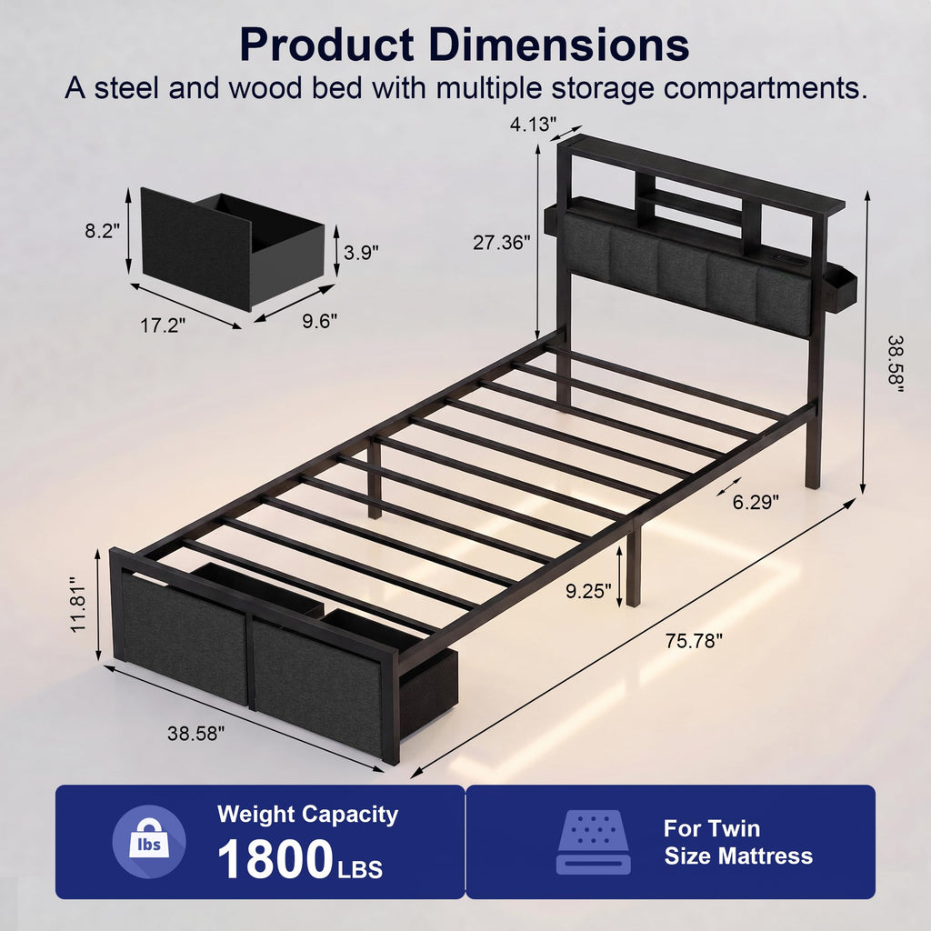 Twin Bed Frame with LED Lights, Storage Drawers and Charging Station U4942