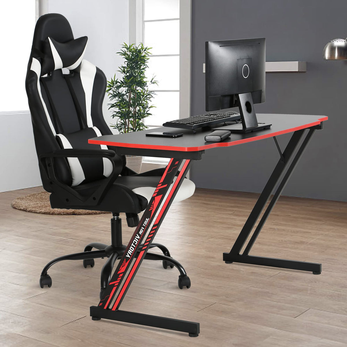 47 Inch Z Shaped Gaming Desk with Headphone Hook R825735