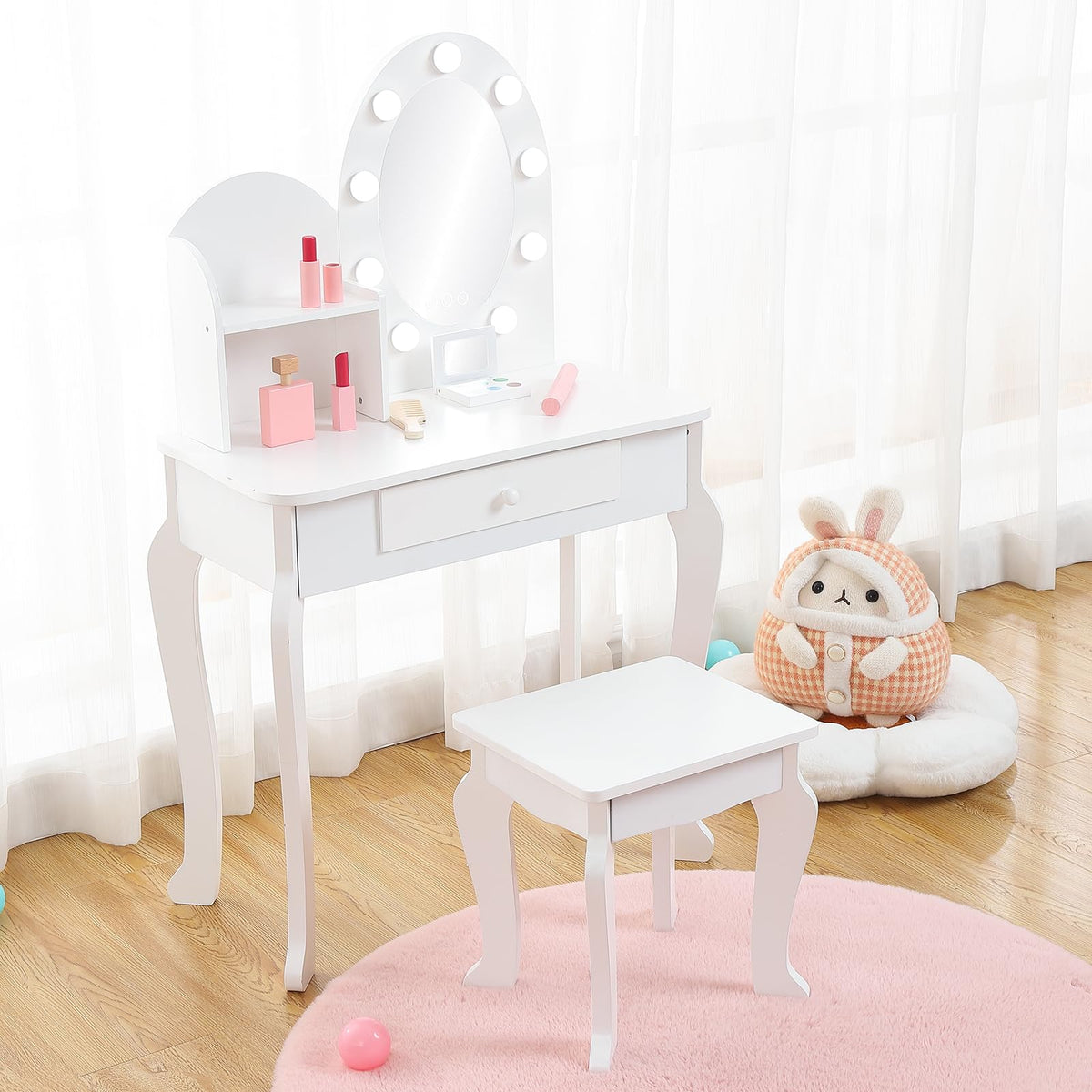 White Kids Vanity Table with LED Mirror & Stool F4988