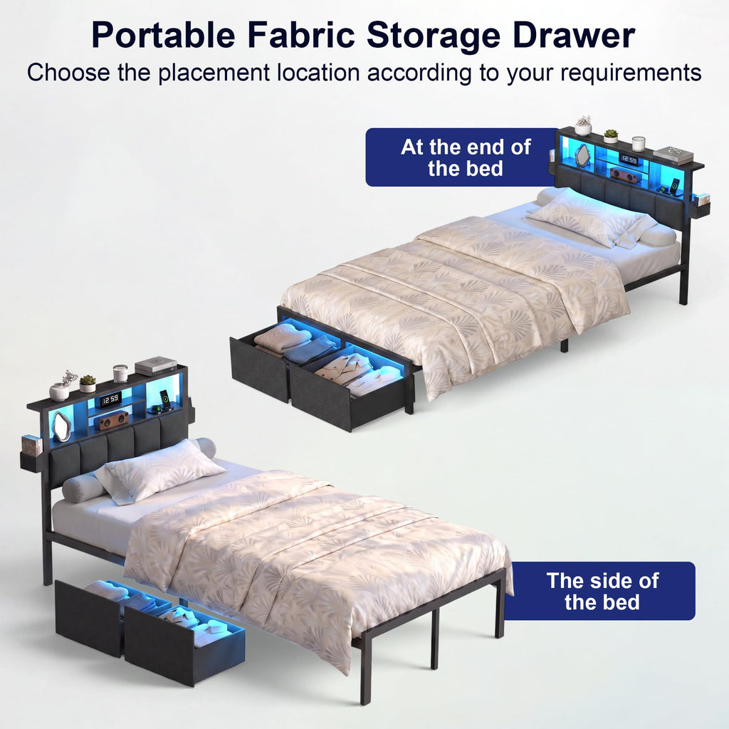 Twin Bed Frame with LED Lights, Storage Drawers and Charging Station U4942
