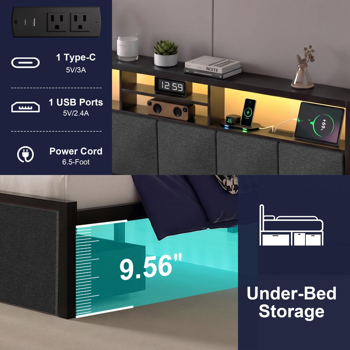 Twin Bed Frame with LED Lights, Storage Drawers and Charging Station U4942