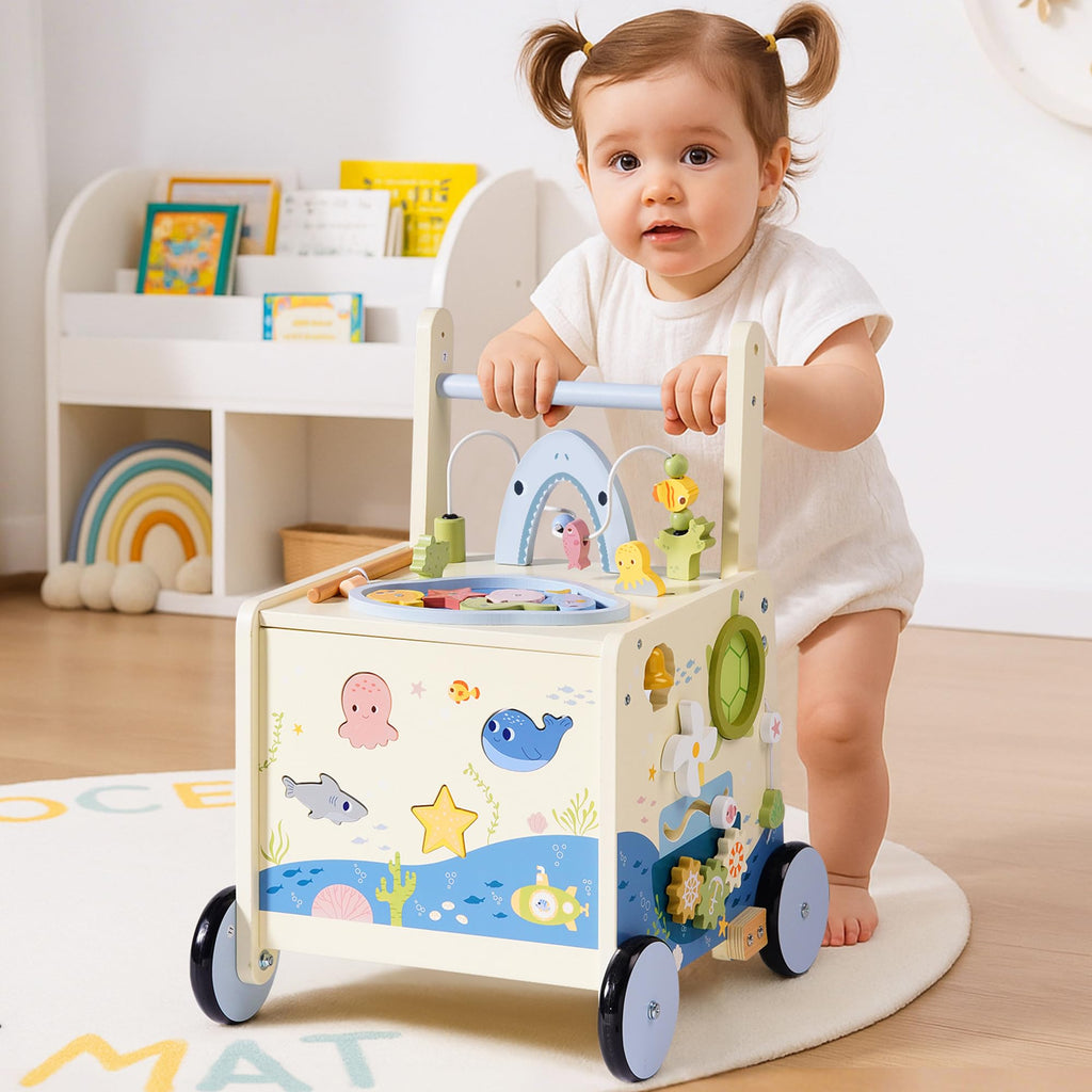 Wooden Baby Walker Push Toy with Fishing Game, Music, Storage R55116