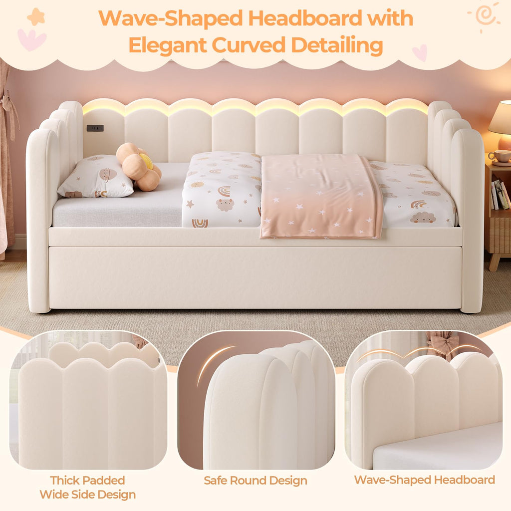 Beige Twin Velvet Upholstered Daybed with Pop Up Trundle F714