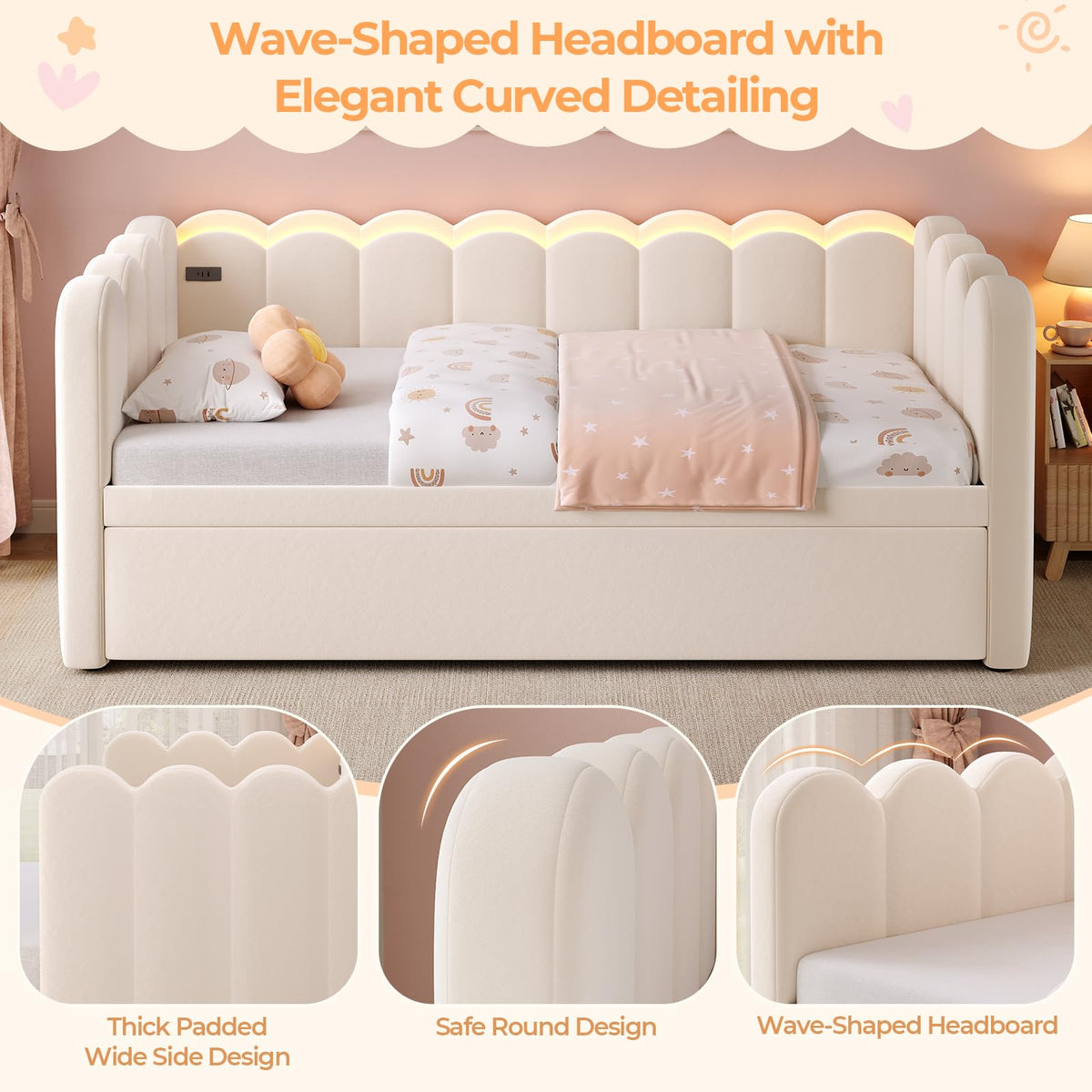 Beige Twin Velvet Upholstered Daybed with Pop Up Trundle F714