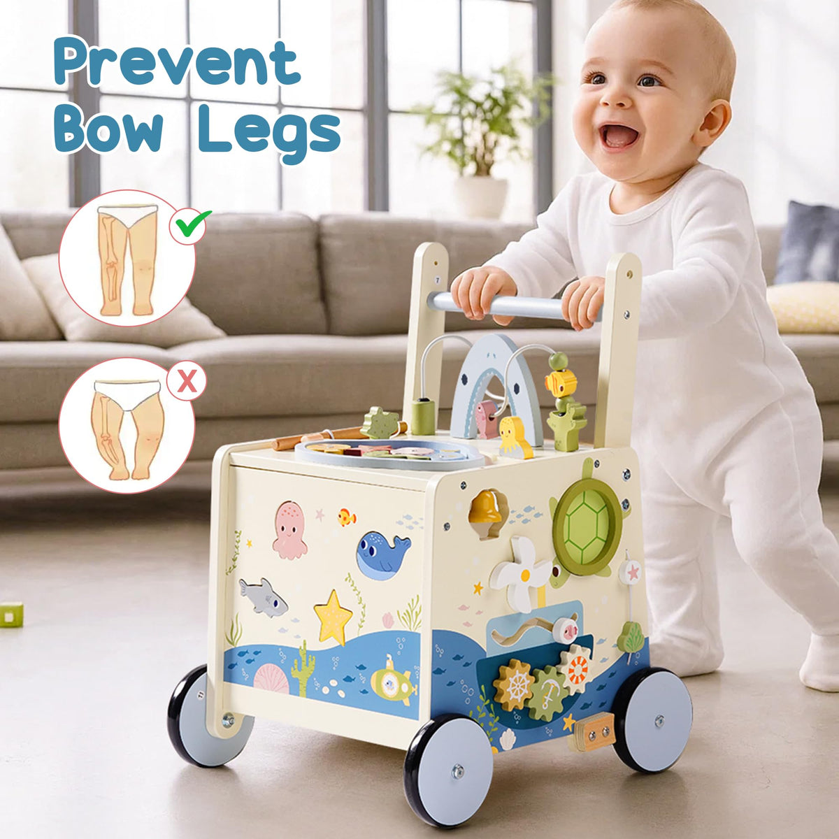 Wooden Baby Walker Push Toy with Fishing Game, Music, Storage R55116