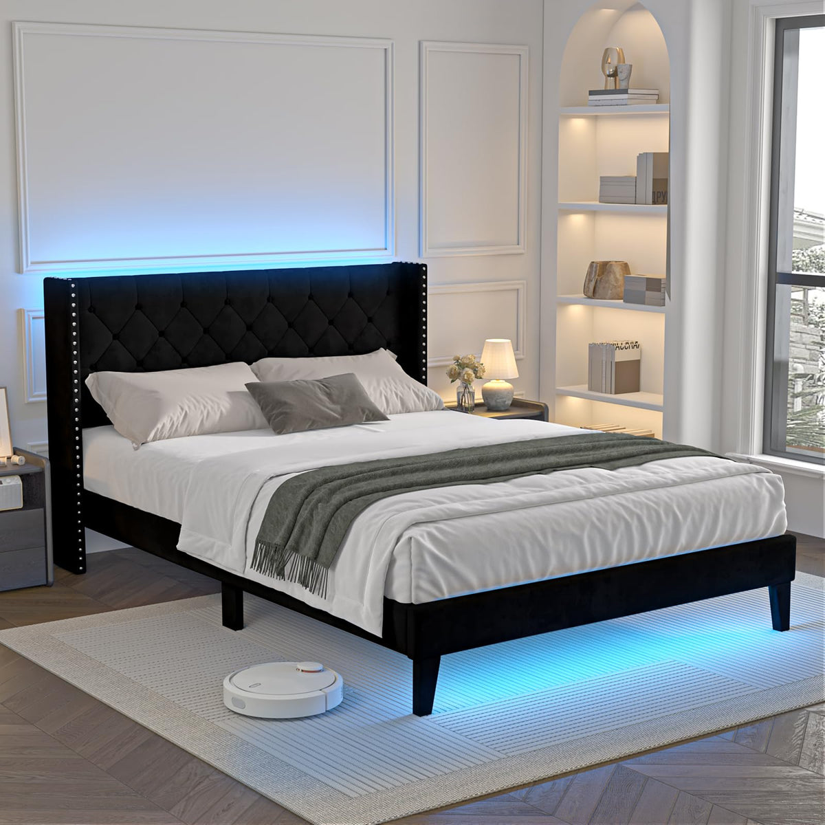 Black Velvet Upholstered Platform Bed Frame with Wingback Headboard F708