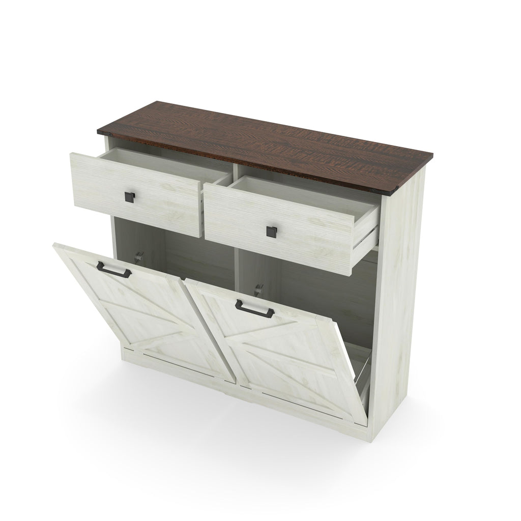 20 Gallon White Wooden Double Tilt Out Trash Can Cabinet with 2 Drawer D101