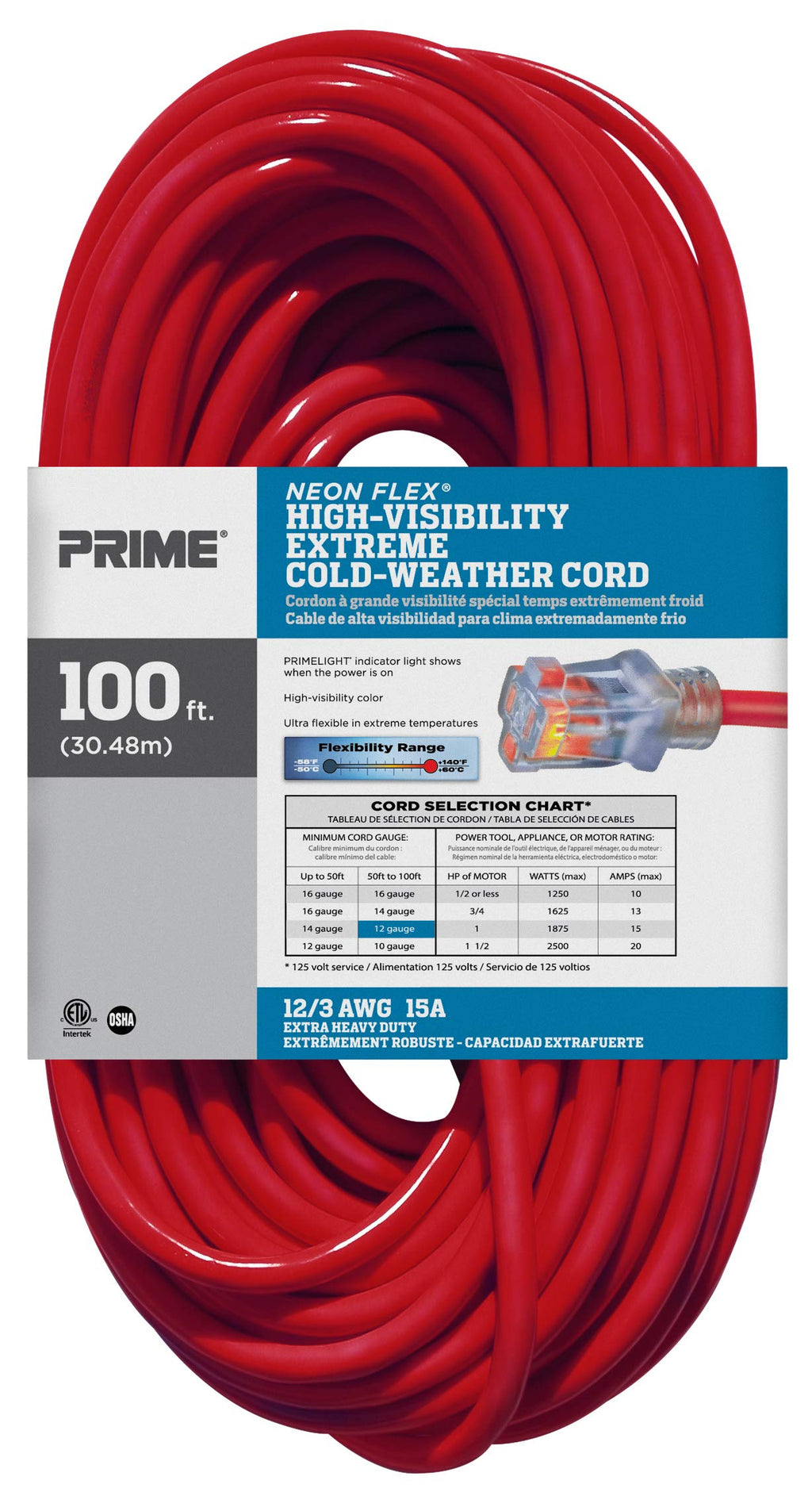100-Foot 12/3 SJTW Outdoor Extension Cord with Light Indicator, Neon Red Y490536