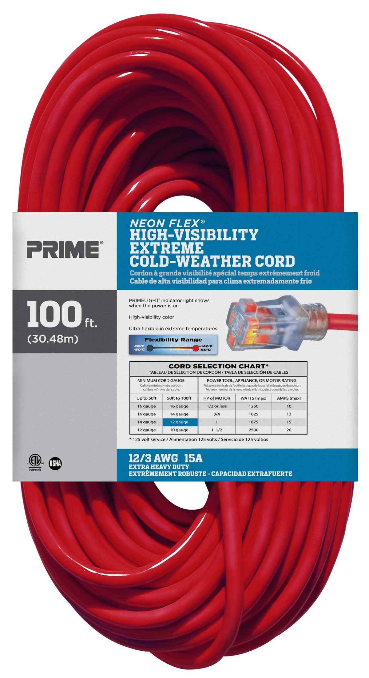 100-Foot 12/3 SJTW Outdoor Extension Cord with Light Indicator, Neon Red Y490536
