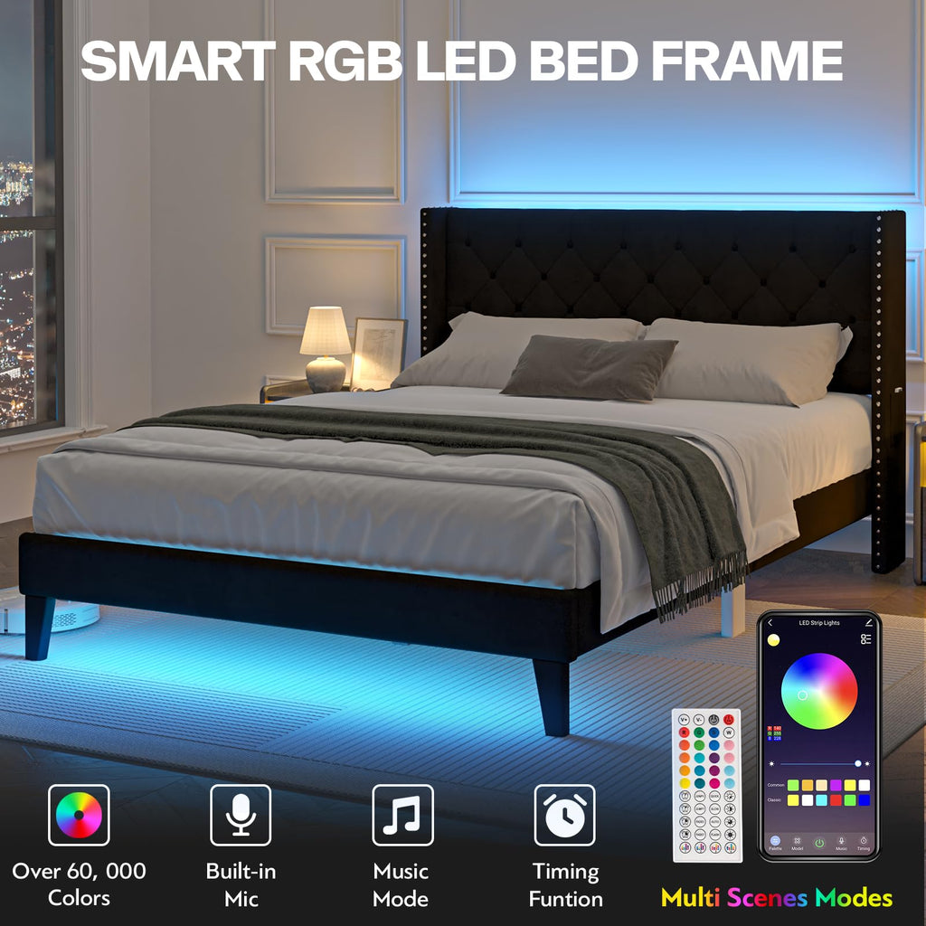 Black Velvet Upholstered Platform Bed Frame with Wingback Headboard F708