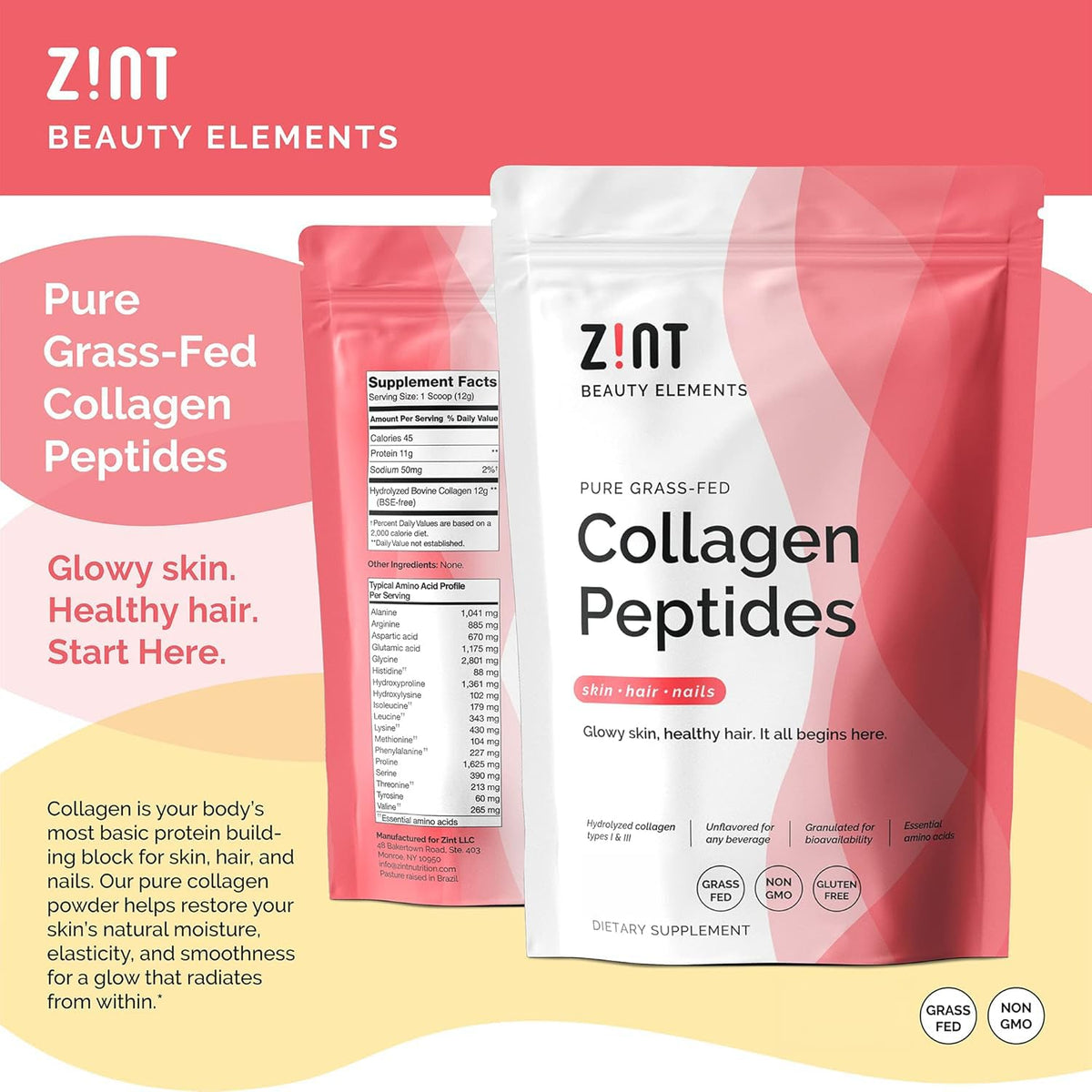 Collagen Peptides Powder 32 oz Grass-Fed Hydrolyzed Type I & III Unflavored B441