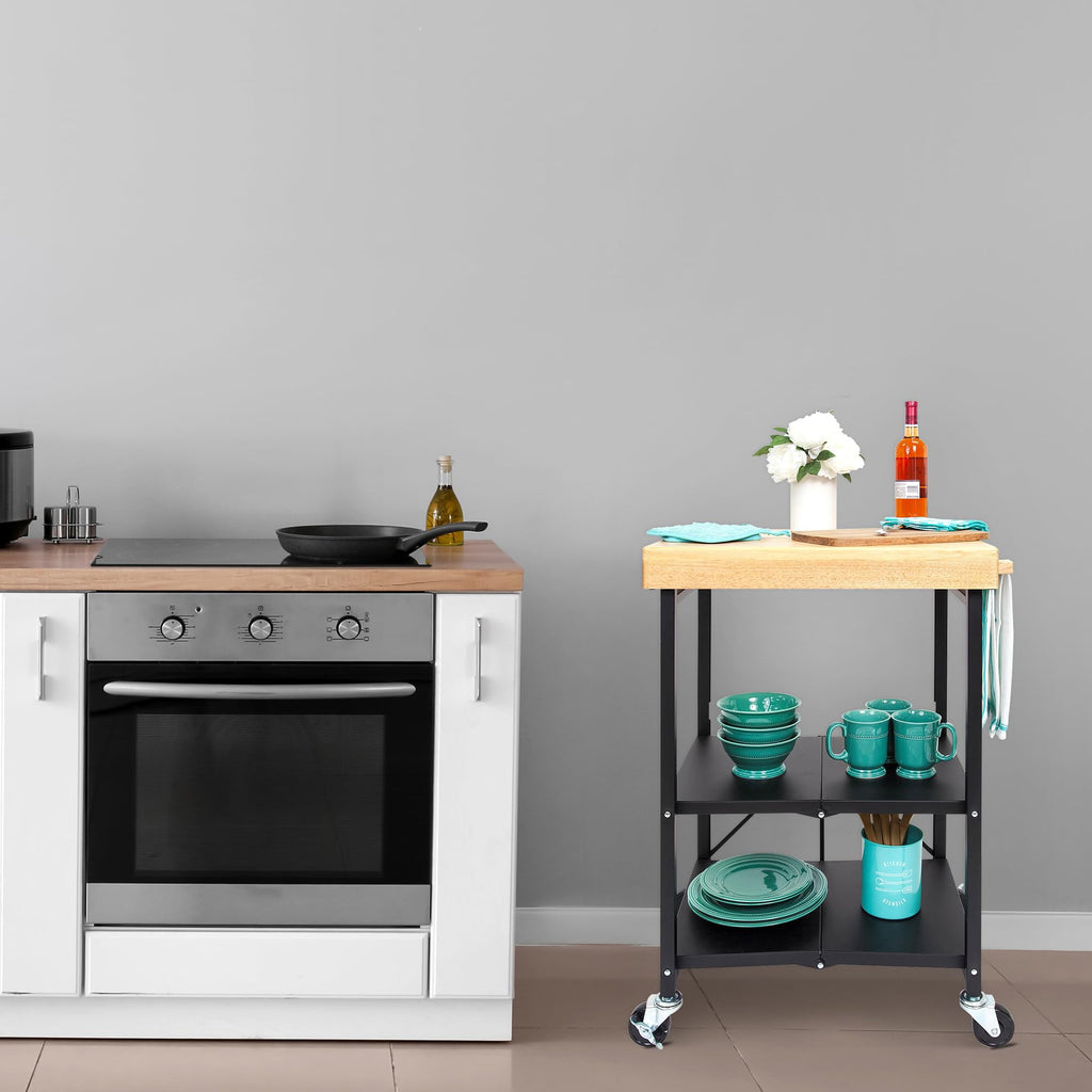 Black 3-Tier Folding Kitchen Cart with Wheels T813