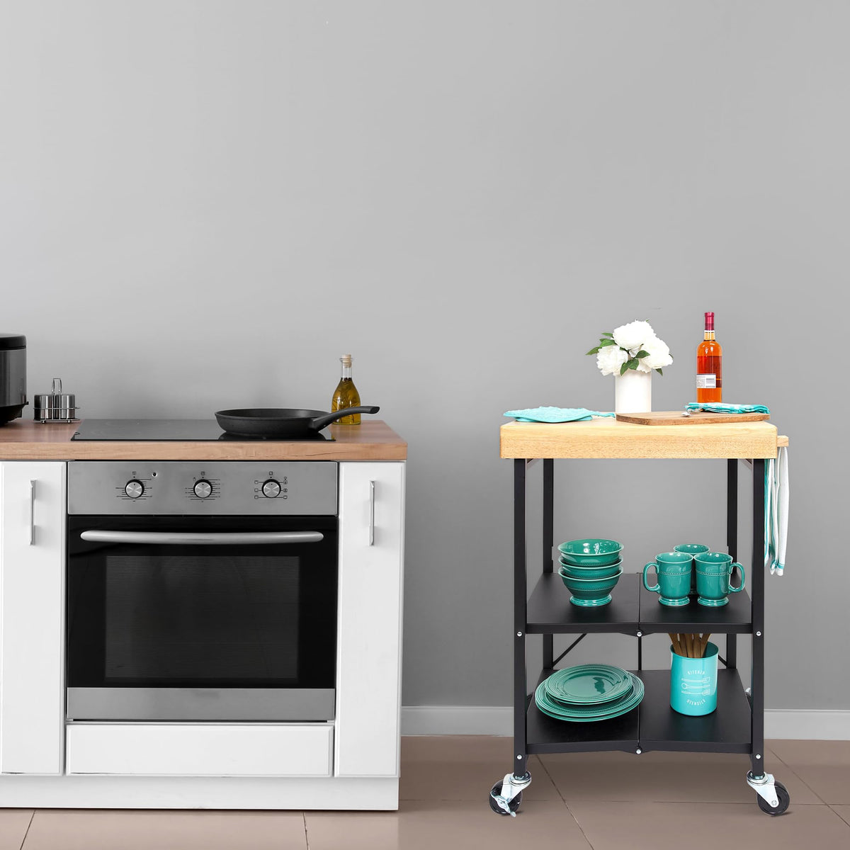 Black 3-Tier Folding Kitchen Cart with Wheels T813