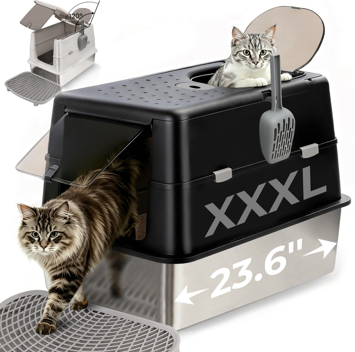 Extra Large Stainless Steel Enclosed Cat Litter Box with Lid and Scoop Z437393