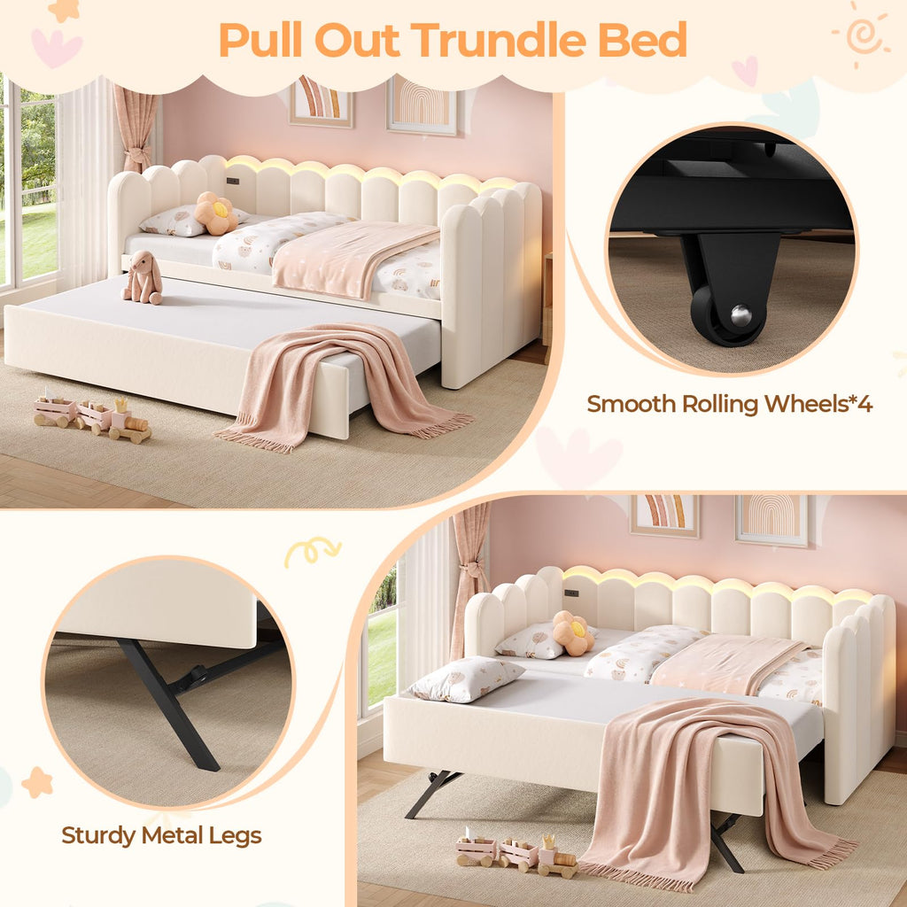 Beige Twin Velvet Upholstered Daybed with Pop Up Trundle F714