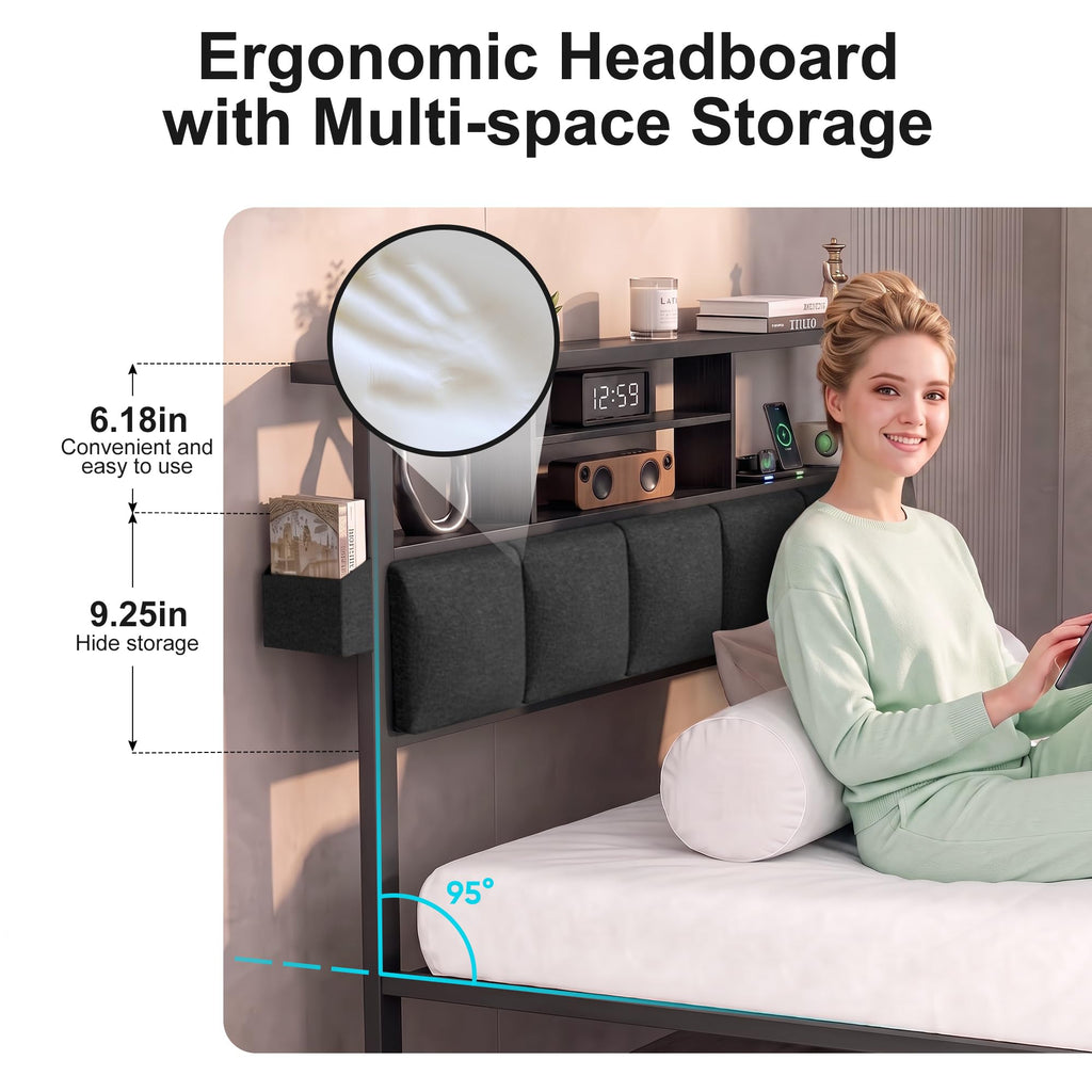 Twin Bed Frame with LED Lights, Storage Drawers and Charging Station U4942