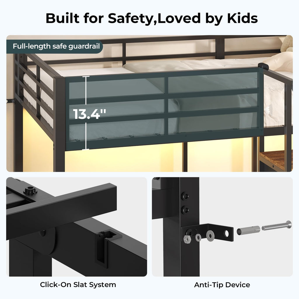 Black Triple Bunk Bed Twin Over Twin with Storage Staircase R4828