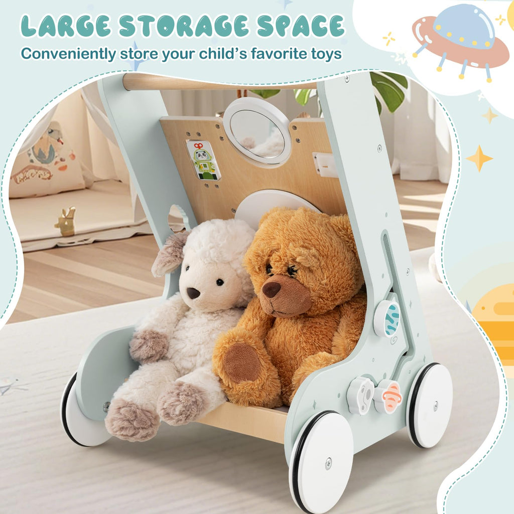 Wooden Baby Walker Push and Pull Learning Activity Center with Wheels Storage Green Q13215