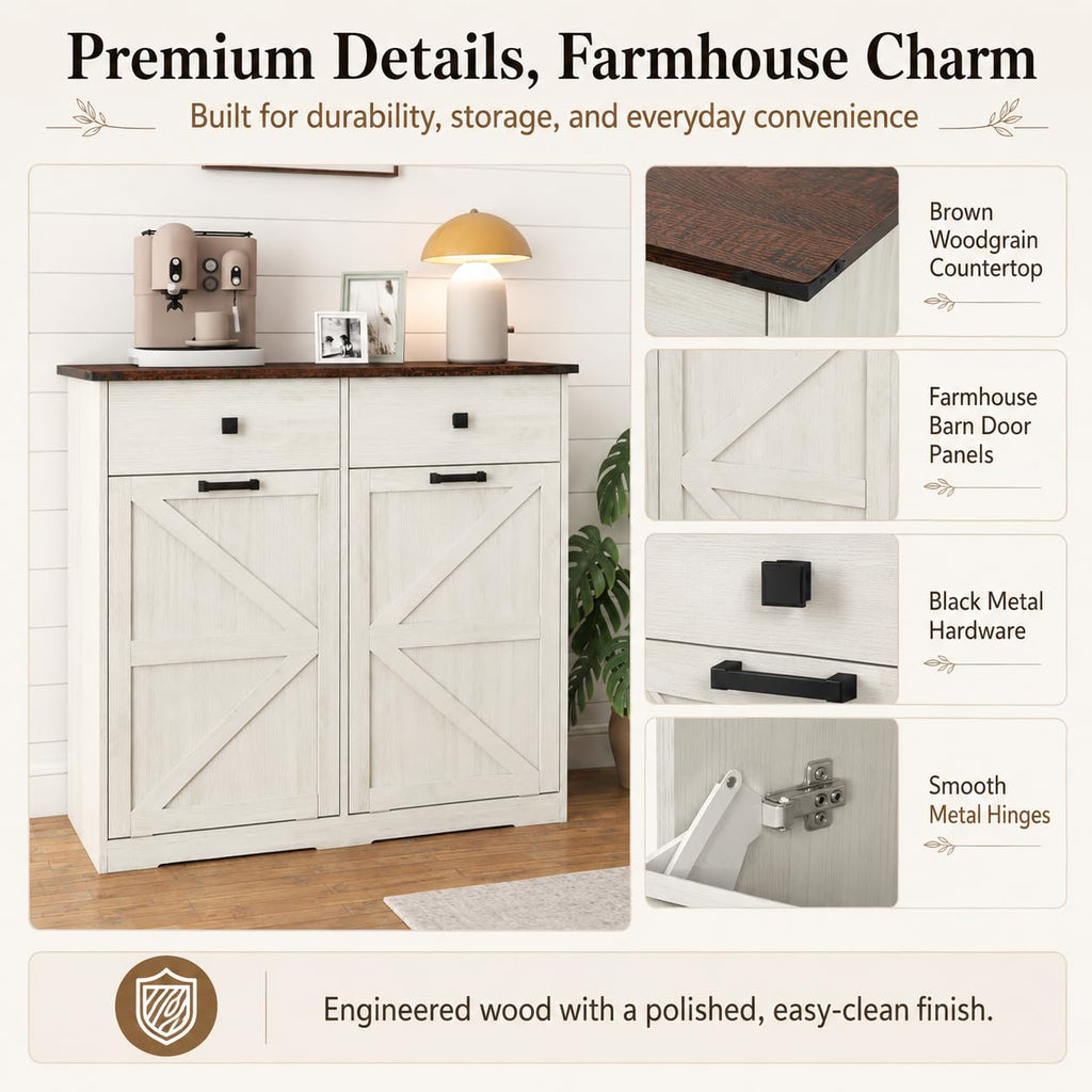20 Gallon White Wooden Double Tilt Out Trash Can Cabinet with 2 Drawer D101