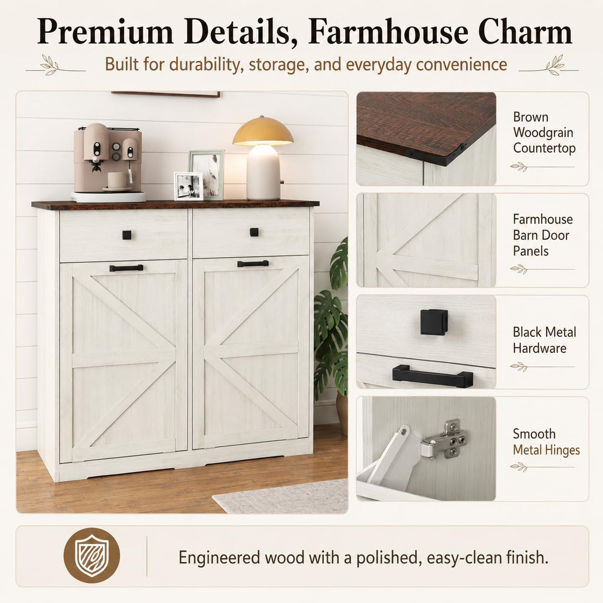 20 Gallon White Wooden Double Tilt Out Trash Can Cabinet with 2 Drawer D101