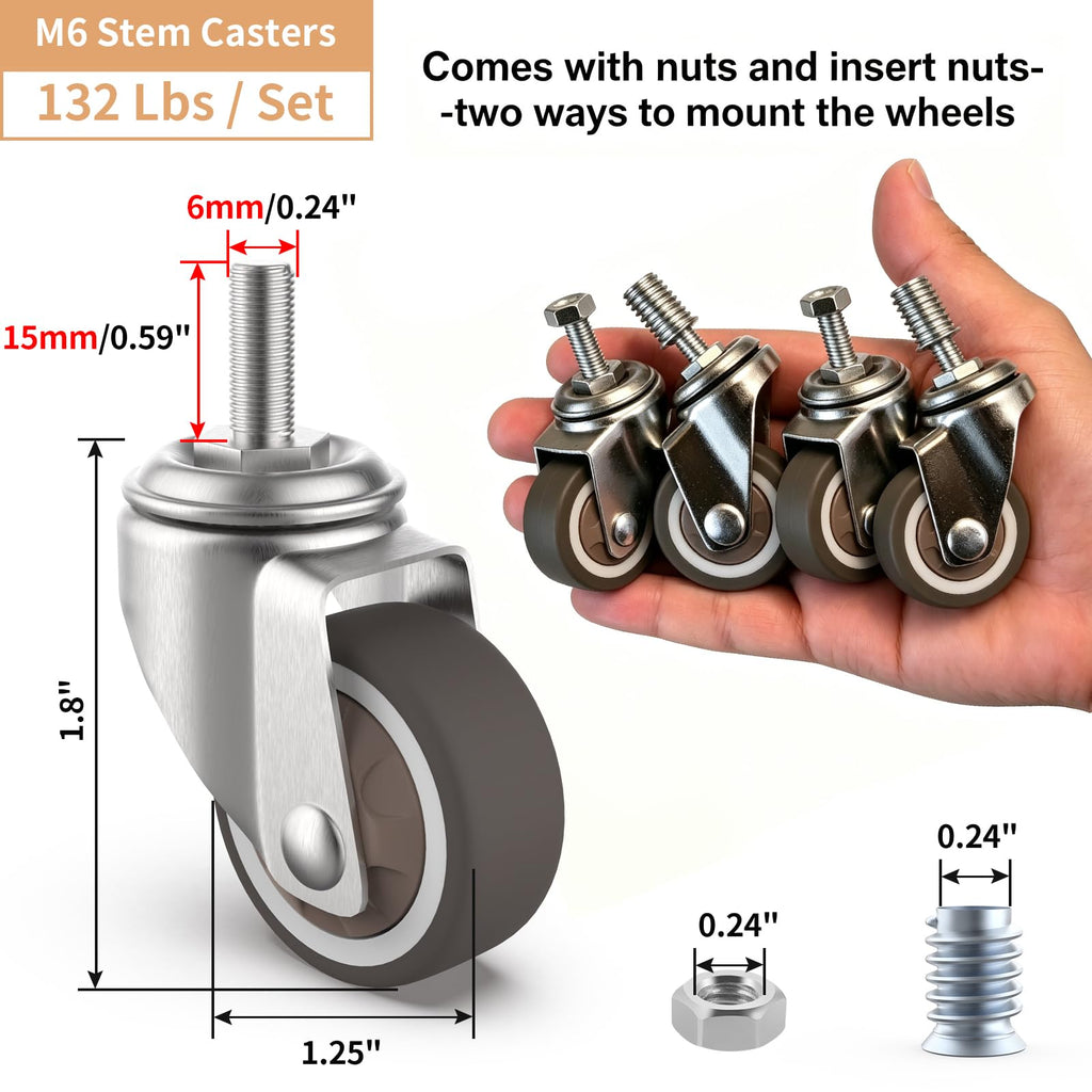 1.25" M6 Swivel Casters, 4 Pcs B23068