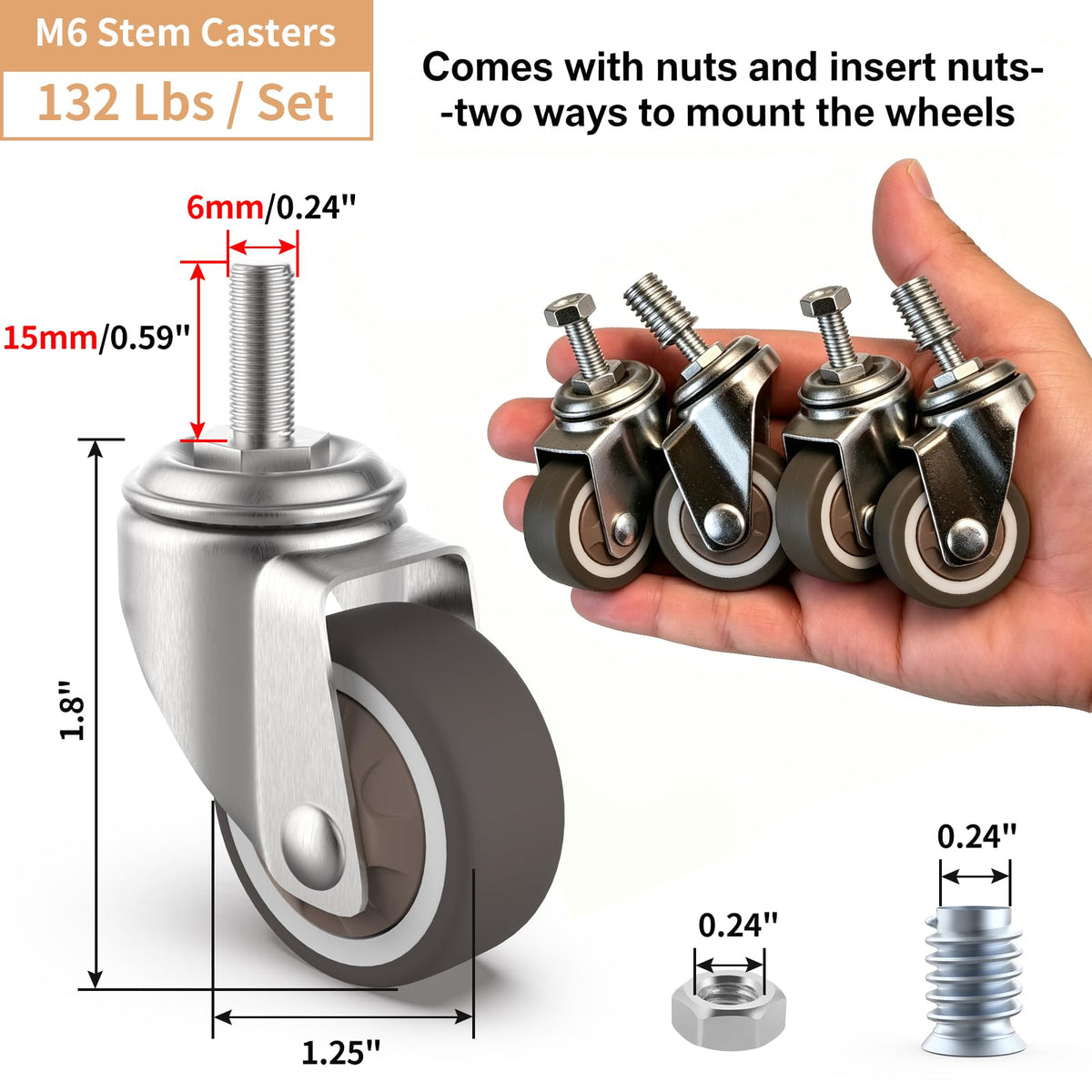 1.25" M6 Swivel Casters, 4 Pcs B23068