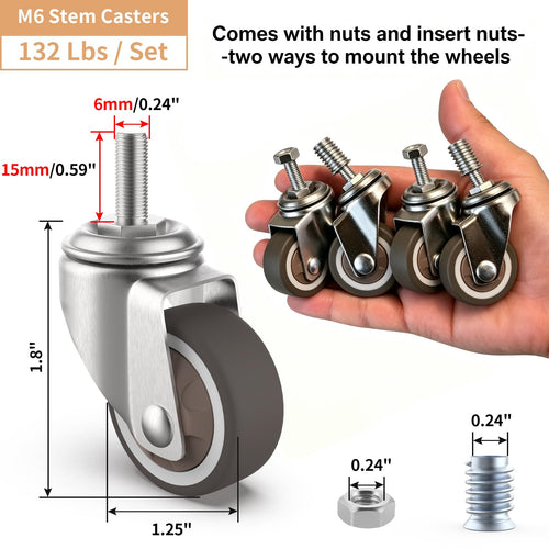 1.25" M6 Swivel Casters, 4 Pcs B23068
