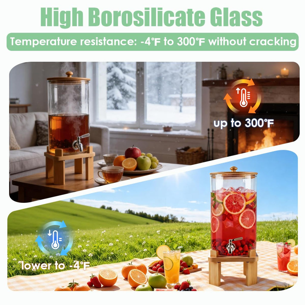 3 Gallon Glass Drink Dispenser with Wood Stand S565204