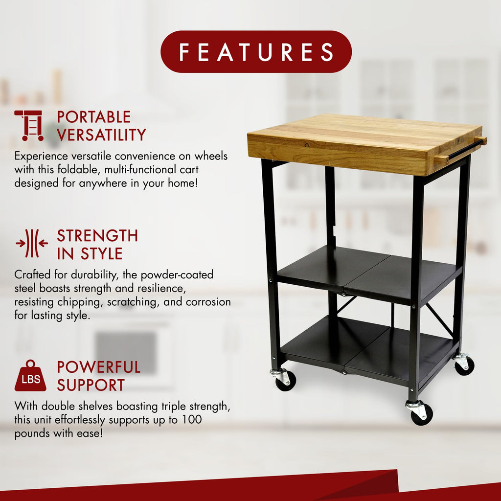 Black 3-Tier Folding Kitchen Cart with Wheels T813