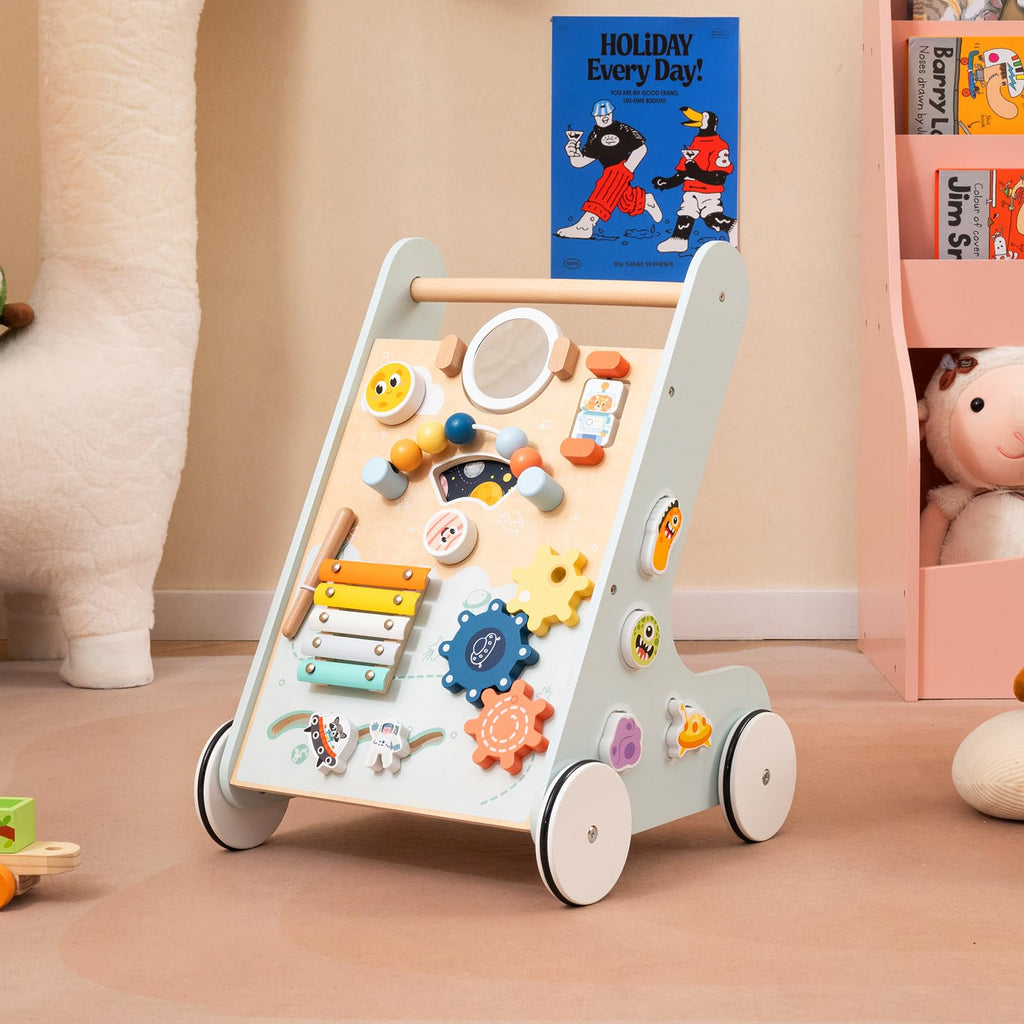 Wooden Baby Walker Push and Pull Learning Activity Center with Wheels Storage Green Q13215