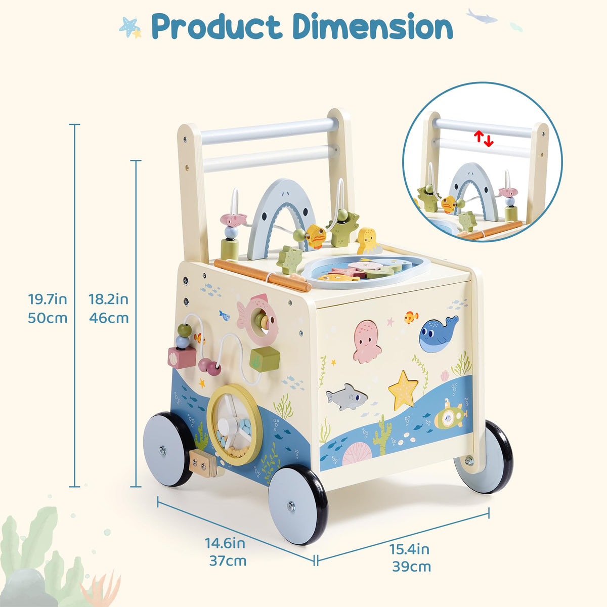 Wooden Baby Walker Push Toy with Fishing Game, Music, Storage R55116