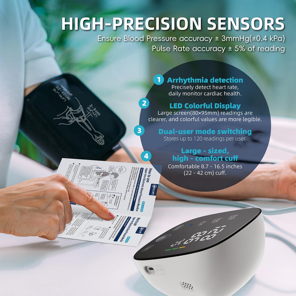 Blood Pressure Monitor with Large Color-Backlit LED Display, 240 Memory, Adjustable Wide Cuff 8.5-16.5" P826
