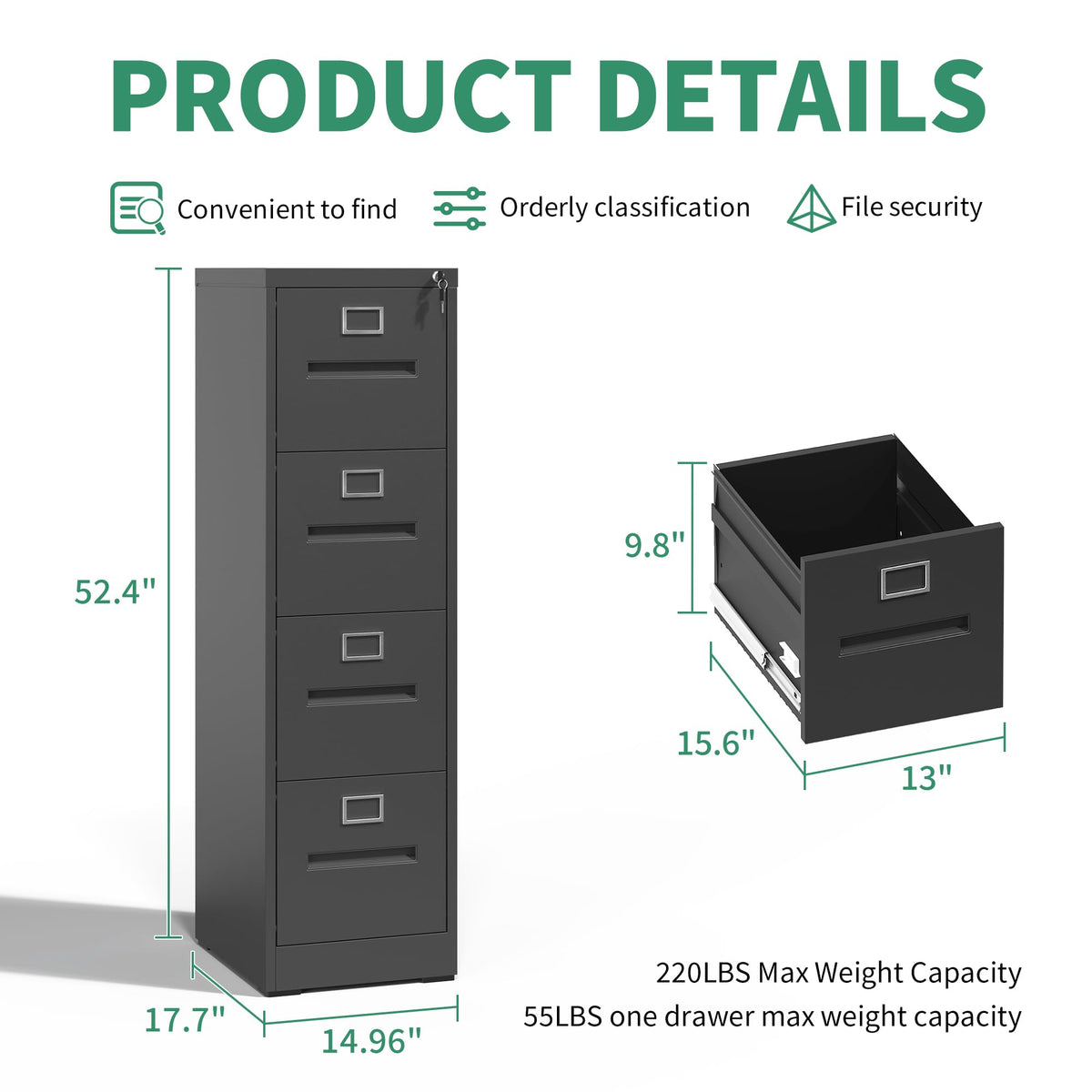 Black 4 Drawer Steel File Cabinet with Lock L264740